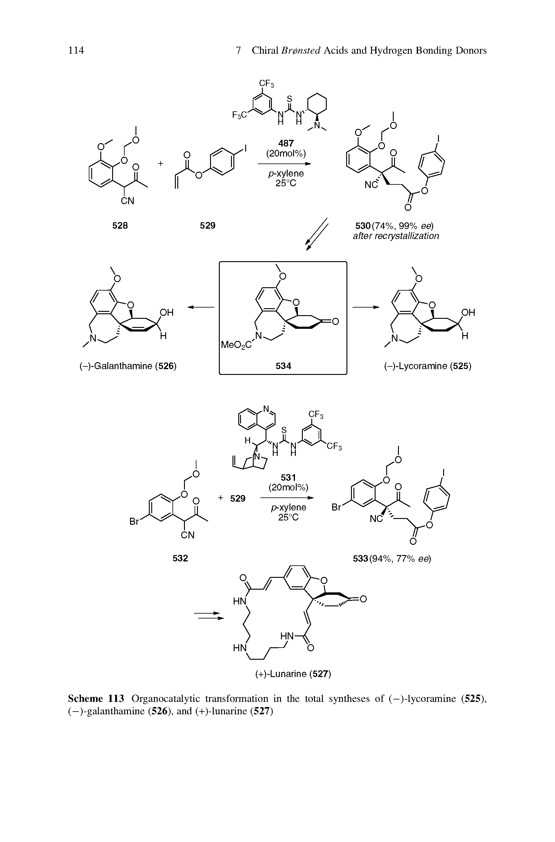 Scheme 113 Organocatalytic transformation in the total syntheses of (—)-lycoramine (525), (—)-galanthamine (526), and (+)-lunarine (527)...