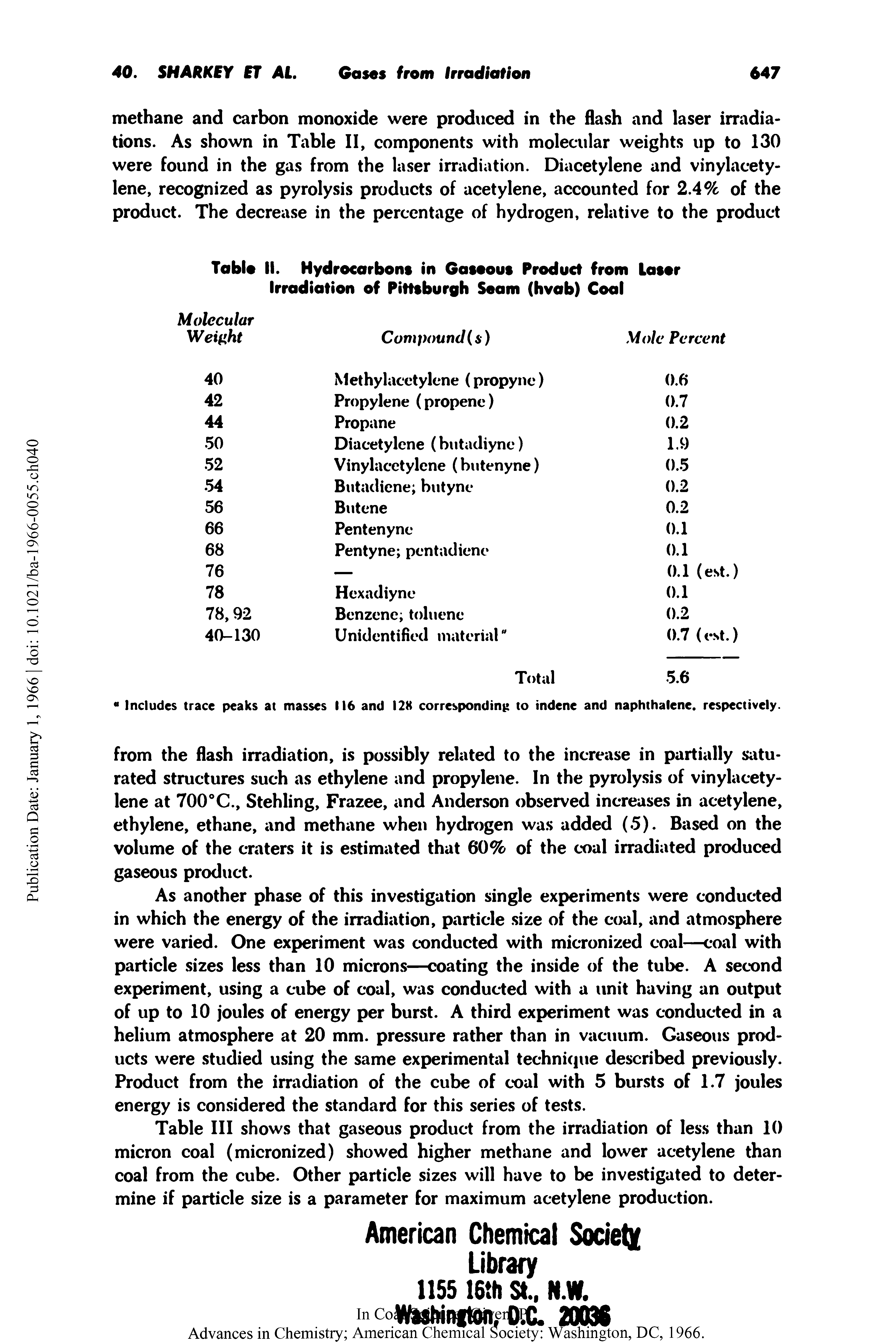 Table III shows that gaseous product from the irradiation of less than 10 micron coal (micronized) showed higher methane and lower acetylene than coal from the cube. Other particle sizes will have to be investigated to determine if particle size is a parameter for maximum acetylene production.