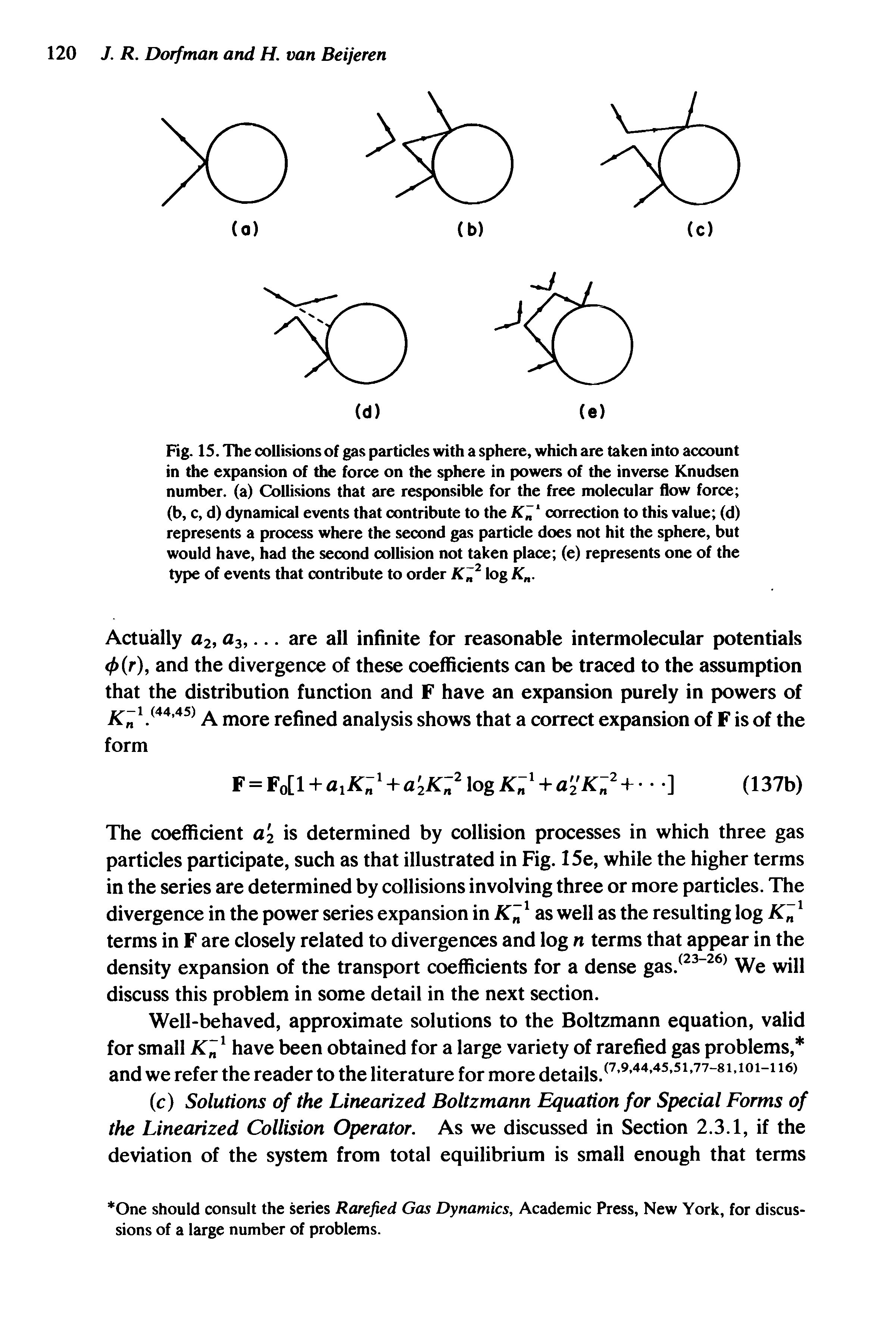 Fig. IS. The collisions of gas particles with a sphere, which are taken into account in the expansion of the force on the sphere in powers of the inverse Knudsen number, (a) Collisions that are responsible for the free molecular flow force (b, c, d) dynamical events that contribute to the K correction to this value (d) represents a process where the second gas particle does not hit the sphere, but would have, had the second collision not taken place (e) represents one of the type of events that contribute to order log K .