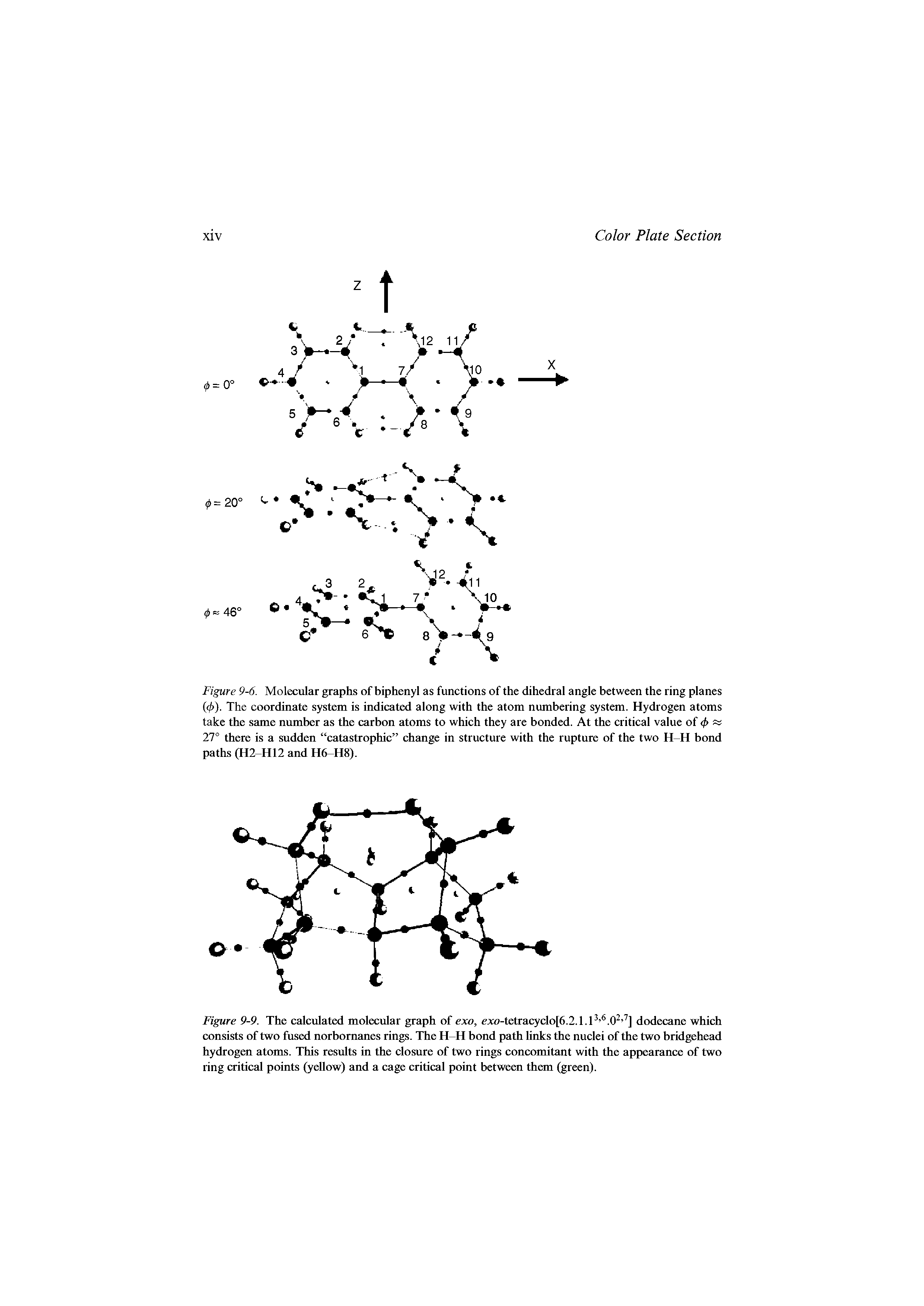 Figure 9-9. The calculated molecular graph of exo, exo-tetracyclo[6.2.1.P . 0 ] dodecane which consists of two fused norbornanes rings. The H-H bond path links the nuclei of the two bridgehead hydrogen atoms. This results in the closure of two rings concomitant with the appearance of two ring critical points (yellow) and a cage critical point between them (green).