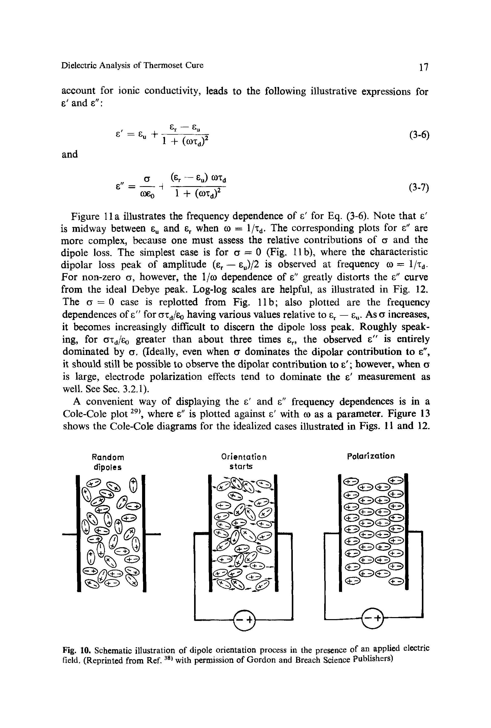 Figure 11 a illustrates the frequency dependence of e for Eq. (3-6). Note that e is midway between eu and er when co = l/id. The corresponding plots for s" are more complex, because one must assess the relative contributions of a and the dipole loss. The simplest case is for cr = 0 (Fig. lib), where the characteristic dipolar loss peak of amplitude (sr — eu)/2 is observed at frequency co = l/td. For non-zero ct, however, the 1/co dependence of e" greatly distorts the e" curve from the ideal Debye peak. Log-log scales are helpful, as illustrated in Fig. 12. The ct = 0 case is replotted from Fig. lib also plotted are the frequency dependences of e" for CTTd/Eo having various values relative to er — eu. Asct increases, it becomes increasingly difficult to discern the dipole loss peak. Roughly speaking, for CTTd/Eo greater than about three times er, the observed e" is entirely dominated by ct. (Ideally, even when cr dominates the dipolar contribution to e", it should still be possible to observe the dipolar contribution to e however, when o is large, electrode polarization effects tend to dominate the e measurement as well. See Sec. 3.2.1).