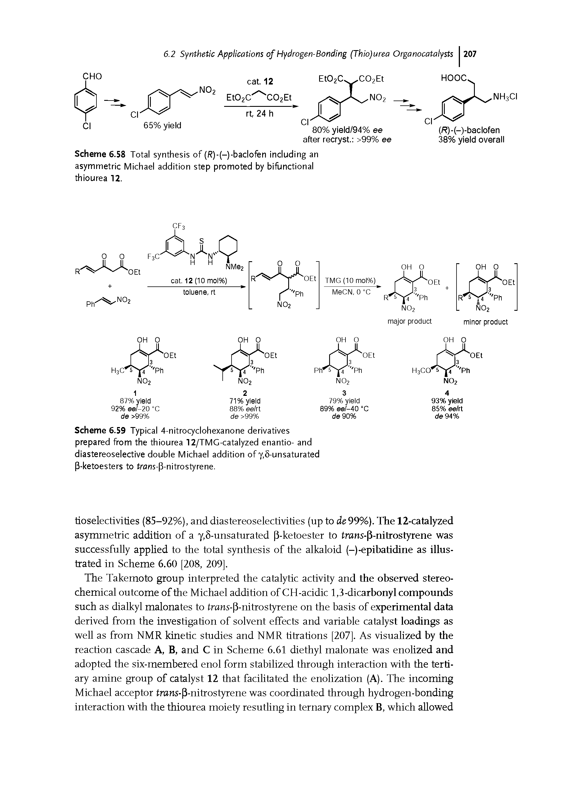 Scheme 6.59 Typical 4-nitrocyclohexanone derivatives prepared from the thiourea 12/TMC-catalyzed enantio- and diastereoselective double Michael addition of y,5-unsaturated P-ketoesters to frans-P-nitrostyrene.
