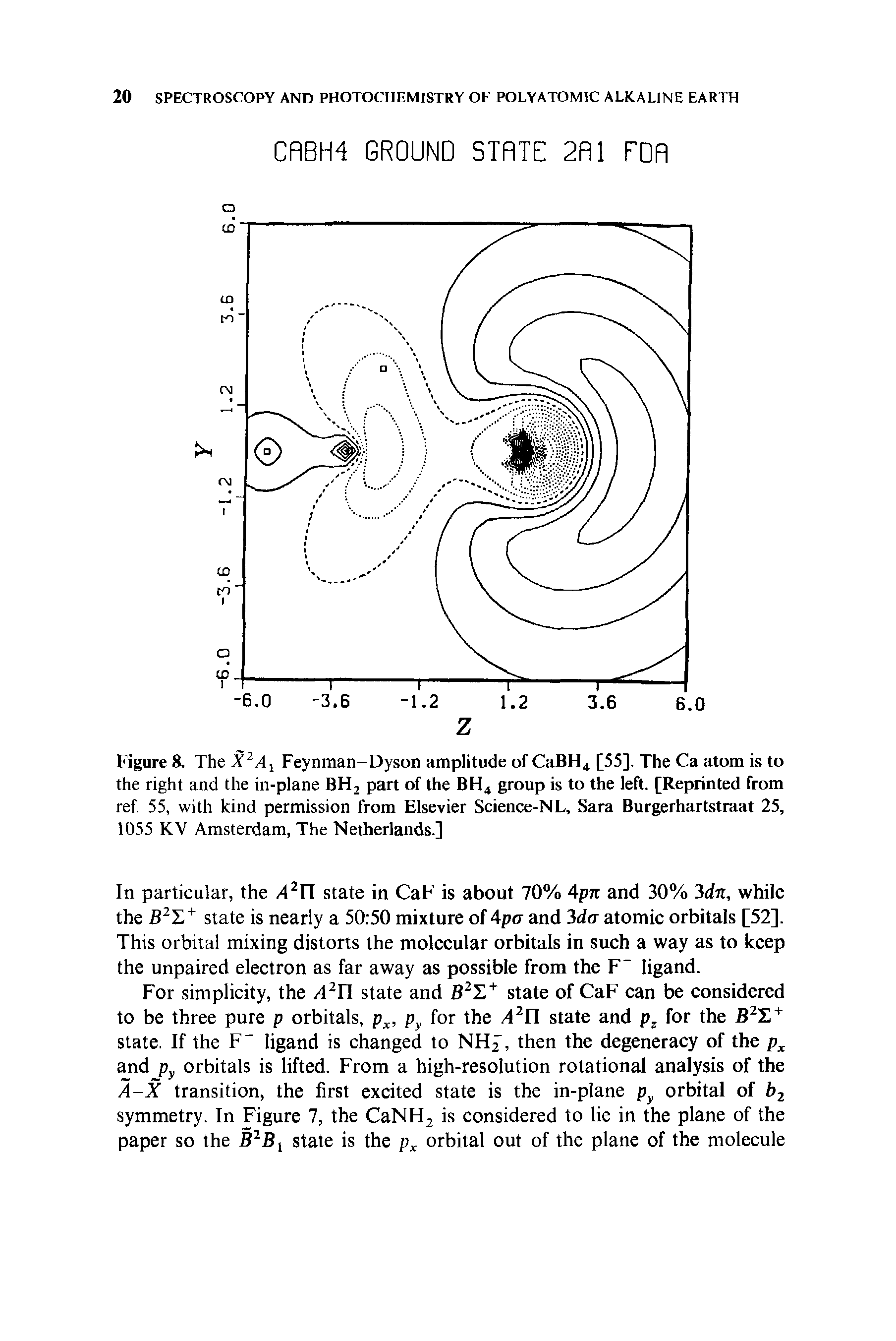 Figure 8. The X2A1 Feynman-Dyson amplitude of CaBH4 [55]. The Ca atom is to the right and the in-plane BH2 part of the BH4 group is to the left. [Reprinted from ref. 55, with kind permission from Elsevier Science-NL, Sara Burgerhartstraat 25, 1055 KV Amsterdam, The Netherlands.]...