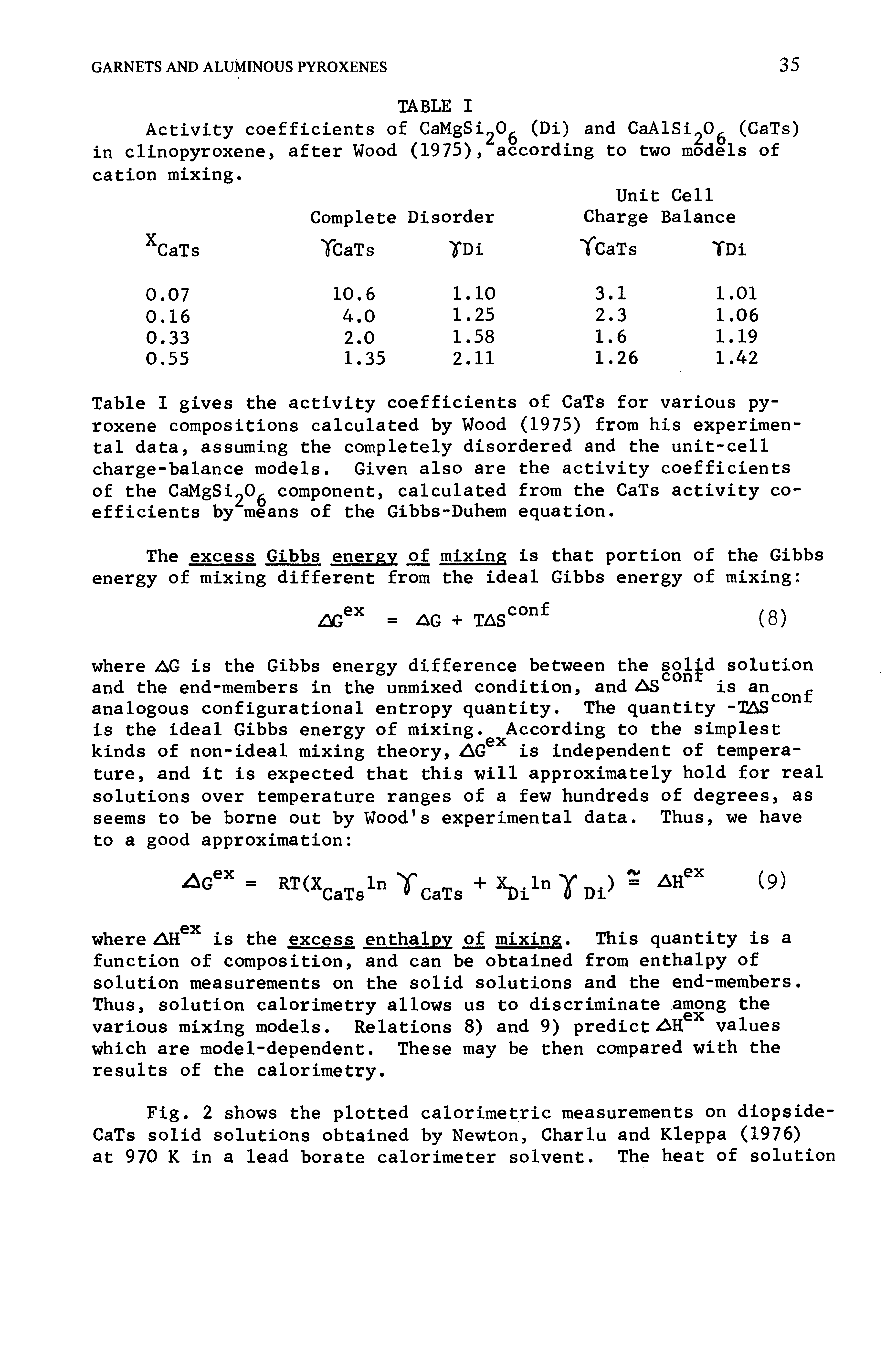 Table I gives the activity coefficients of CaTs for various pyroxene compositions calculated by Wood (1975) from his experimental data, assuming the completely disordered and the unit-cell charge-balance models. Given also are the activity coefficients of the CaMgSi20 component, calculated from the CaTs activity coefficients by means of the Gibbs-Duhem equation.