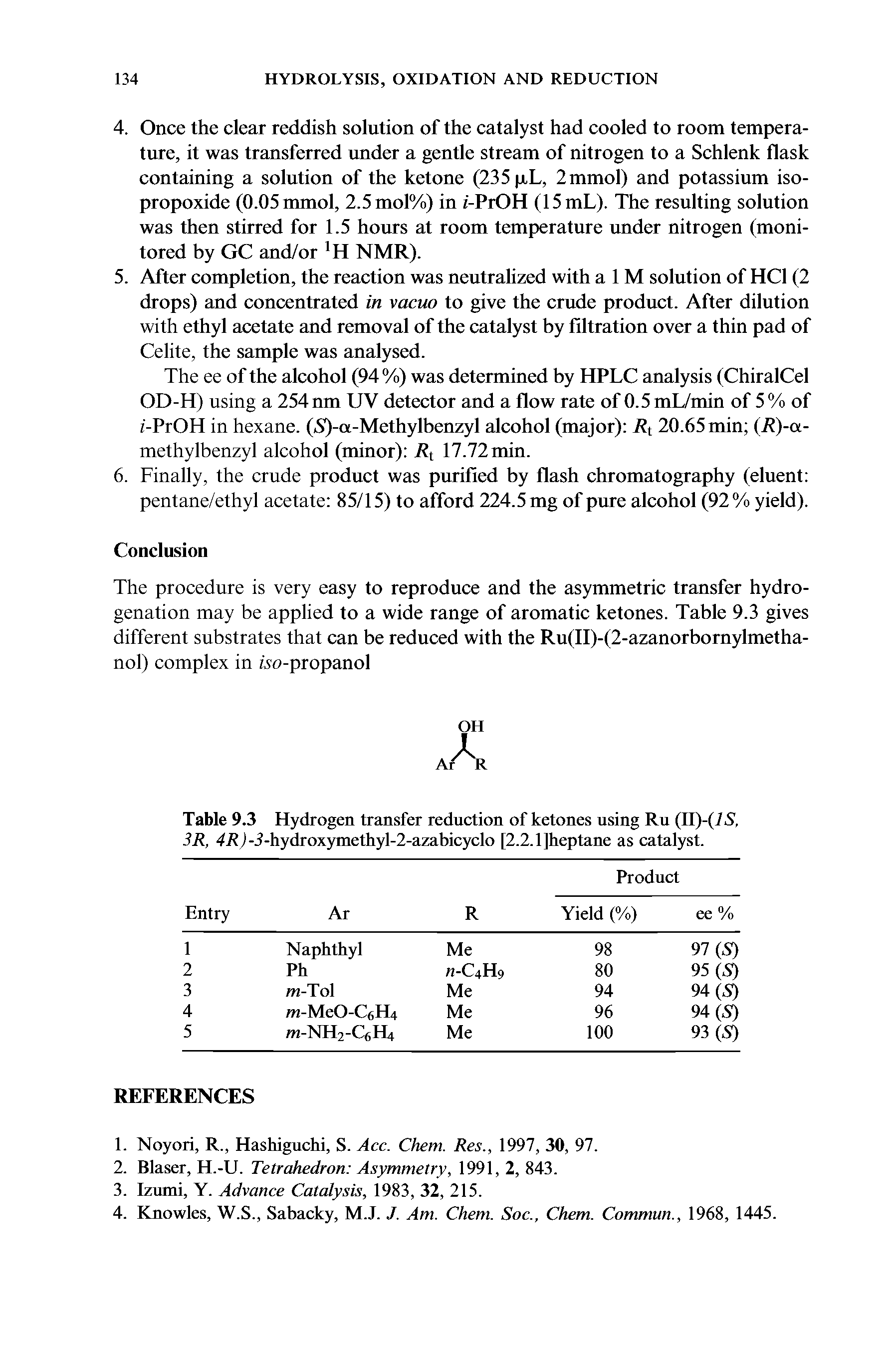 Table 9.3 Hydrogen transfer reduction of ketones using Ru (II)-(/5, 3R, 4R J-i-hydroxymethyl-2-azabicyclo [2.2.1]heptane as catalyst.