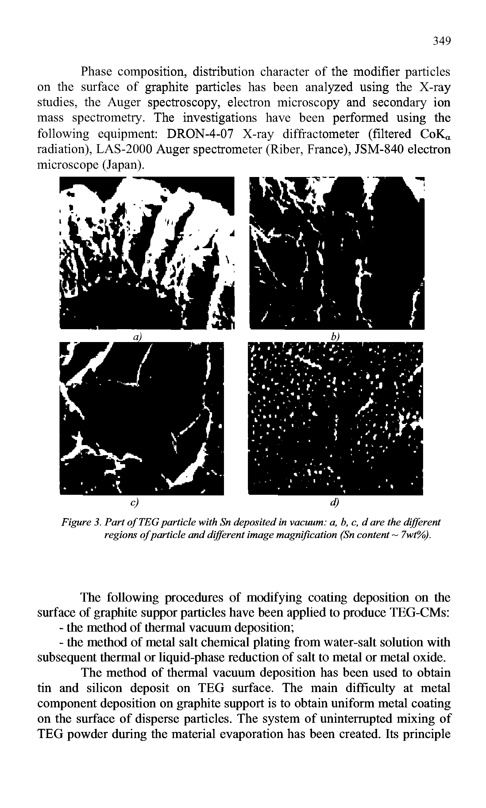 Figure 3. Part of TEG particle with Sn deposited in vacuum a, b, c, d are the different regions of particle and different image magnification (Sn content 7wt%).