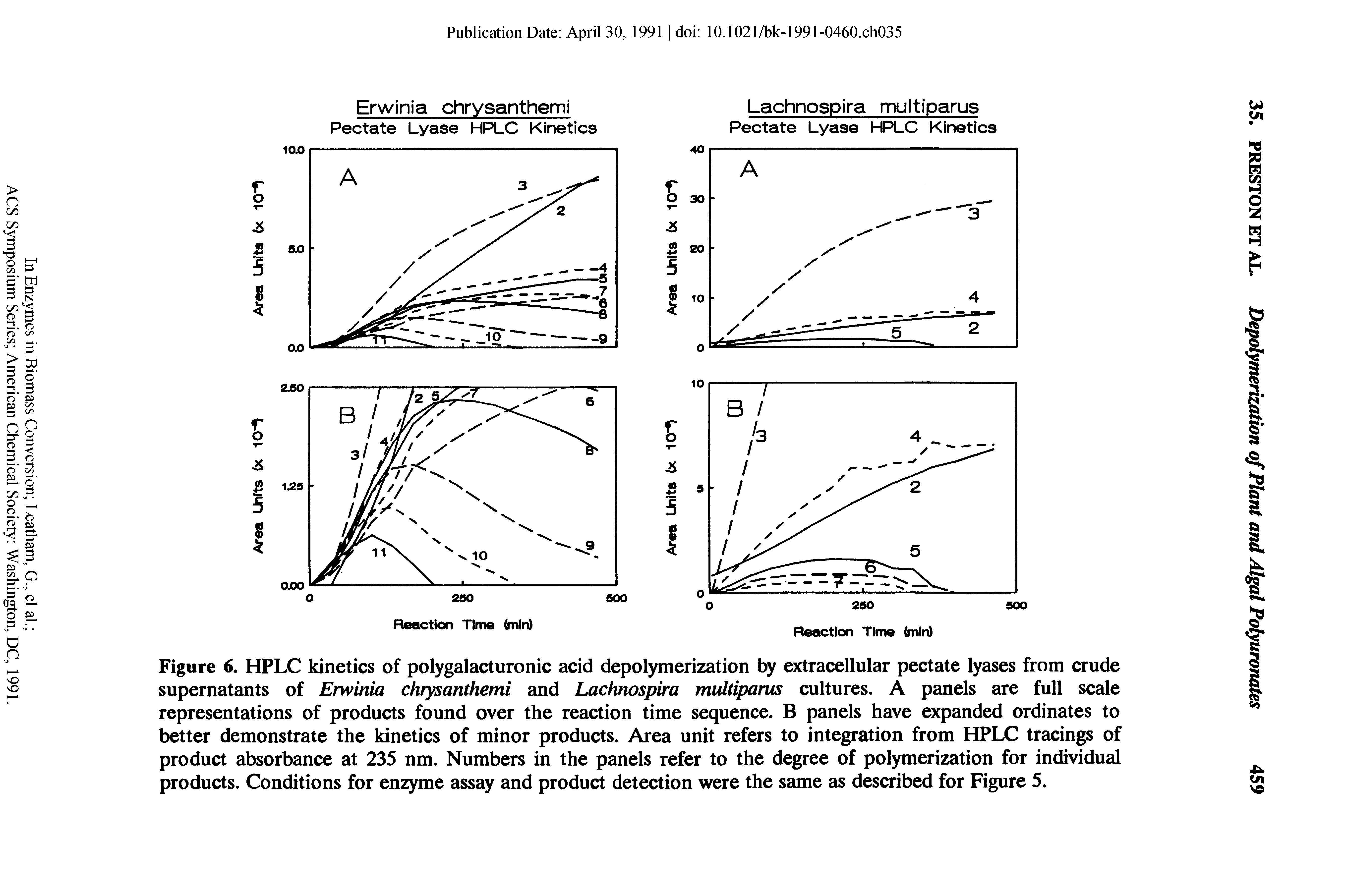 Figure 6. HPLC kinetics of polygalacturonic acid depolymerization by extracellular pectate lyases from crude supernatants of Erwinia chrysanthemi and Lachnospira multiparus cultures. A panels are full scale representations of products found over the reaction time sequence. B panels have expanded ordinates to better demonstrate the kinetics of minor products. Area unit refers to integration from HPLC tracings of product absorbance at 235 nm. Numbers in the panels refer to the degree of polymerization for individual products. Conditions for enzyme assay and product detection were the same as described for Figure 5.