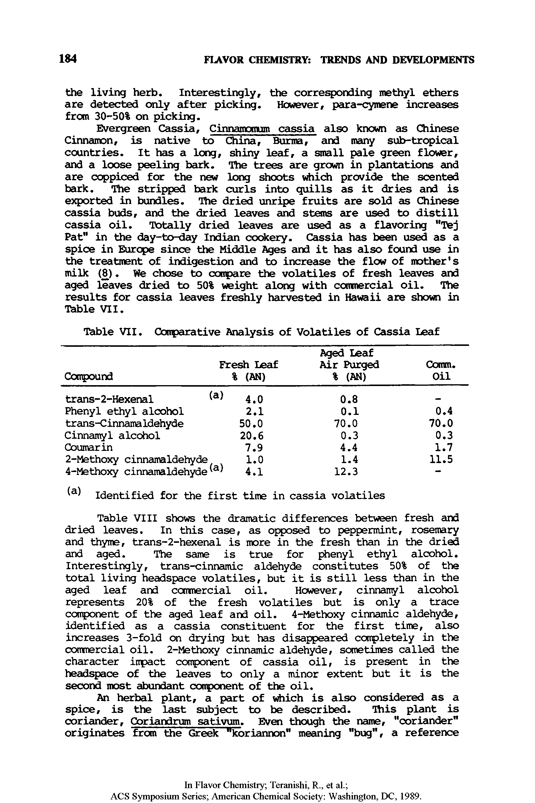 Table VIII shows the dramatic differences between fresh and dried leaves. In this case, as oj sed to peppermint, rosemary and thyme, trans-2-hexenal is more in the fresh than in the dried and aged. The same is true for phenyl ethyl alcohol. Interestingly, trans-cinnamic aldehyde constitutes 50% of the total living headspace volatiles, but it is still less than in the aged leaf and commercial oil. However, cinnaniyl alcohol represents 20% of the fresh volatiles but is only a trace conpcanent of the aged leaf and oil. 4-Methoxy cinnamic aldehyde, identified as a cassia constituent for the first time, also increases 3-fold on drying but has disappeared completely in the comtnercial oil. 2-Methoxy cinnamic aldehyde, sometimes called the character impact component of cassia oil, is present in the headspace of the leaves to only a minor extent but it is the second most abundant component of the oil.
