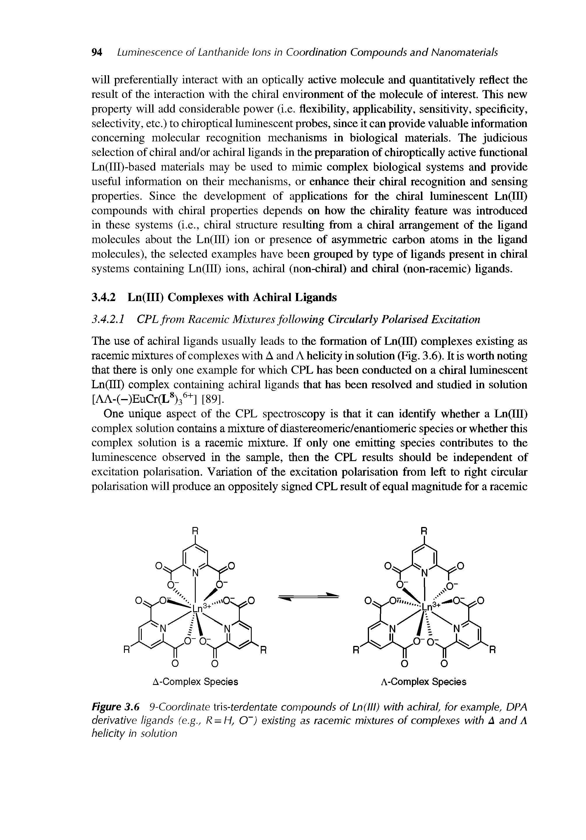 Figure 3.6 9-Coordinate tns-terdentate compounds of Ln(lll) with achiral, for example, DP A derivative ligands (e.g., R = H, 0 ) existing as racemic mixtures of complexes with A and A helicity in solution...