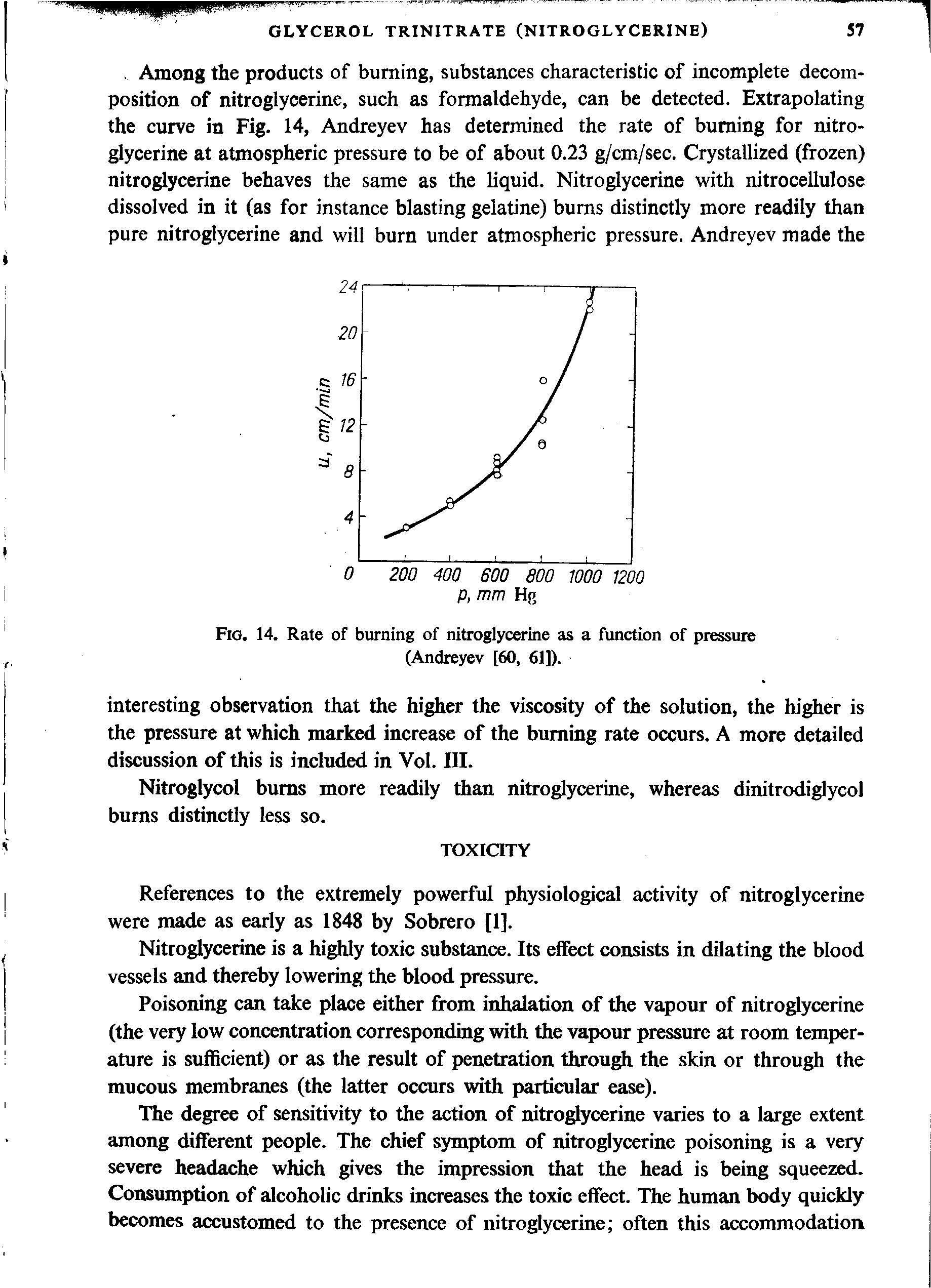 Fig. 14. Rate of burning of nitroglycerine as a function of pressure (Andreyev [60, 61]).