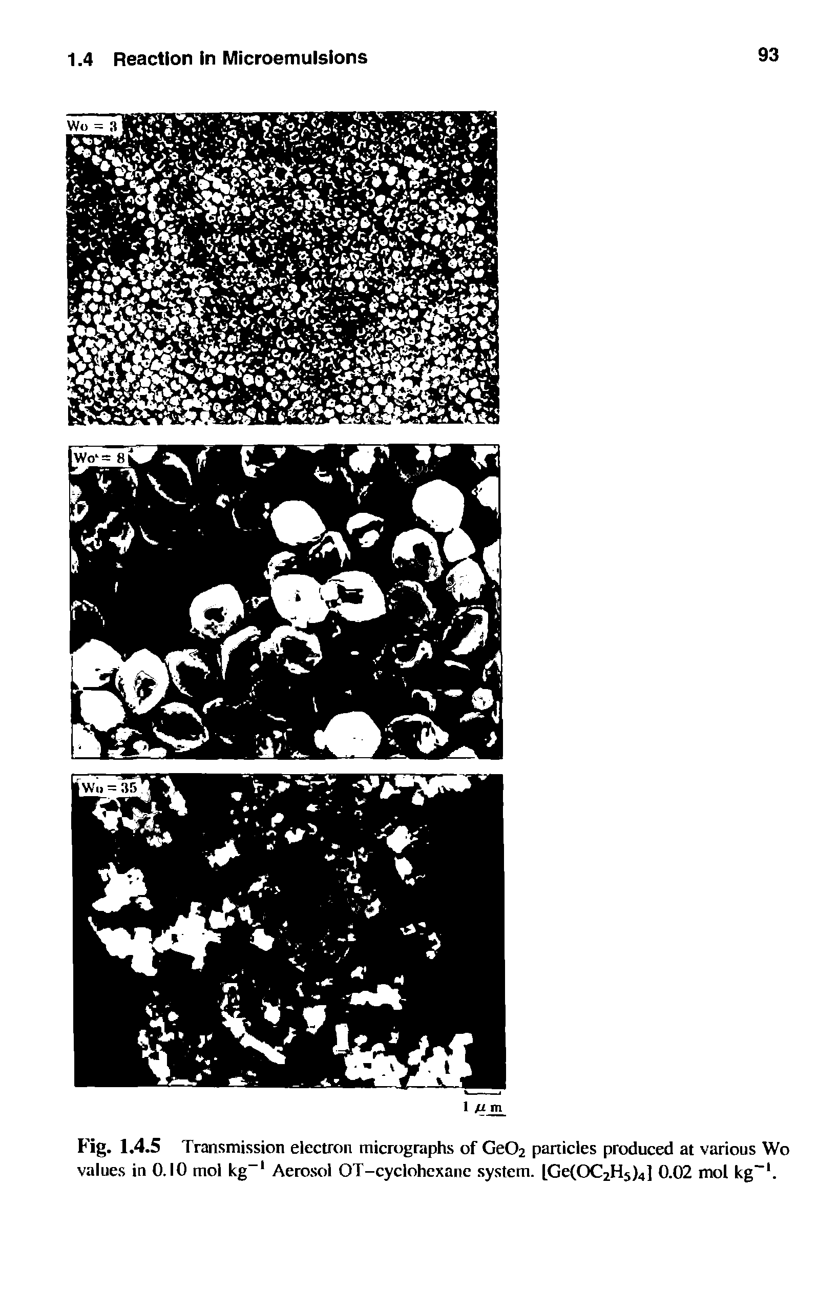 Fig. 1.4.5 Transmission electron micrographs of Ge02 panicles produced at various Wo values in 0.10 mol kg-1 Aerosol OT-cyclohexane system. Ge(OC2H5)4] 0.02 mol kg-1.