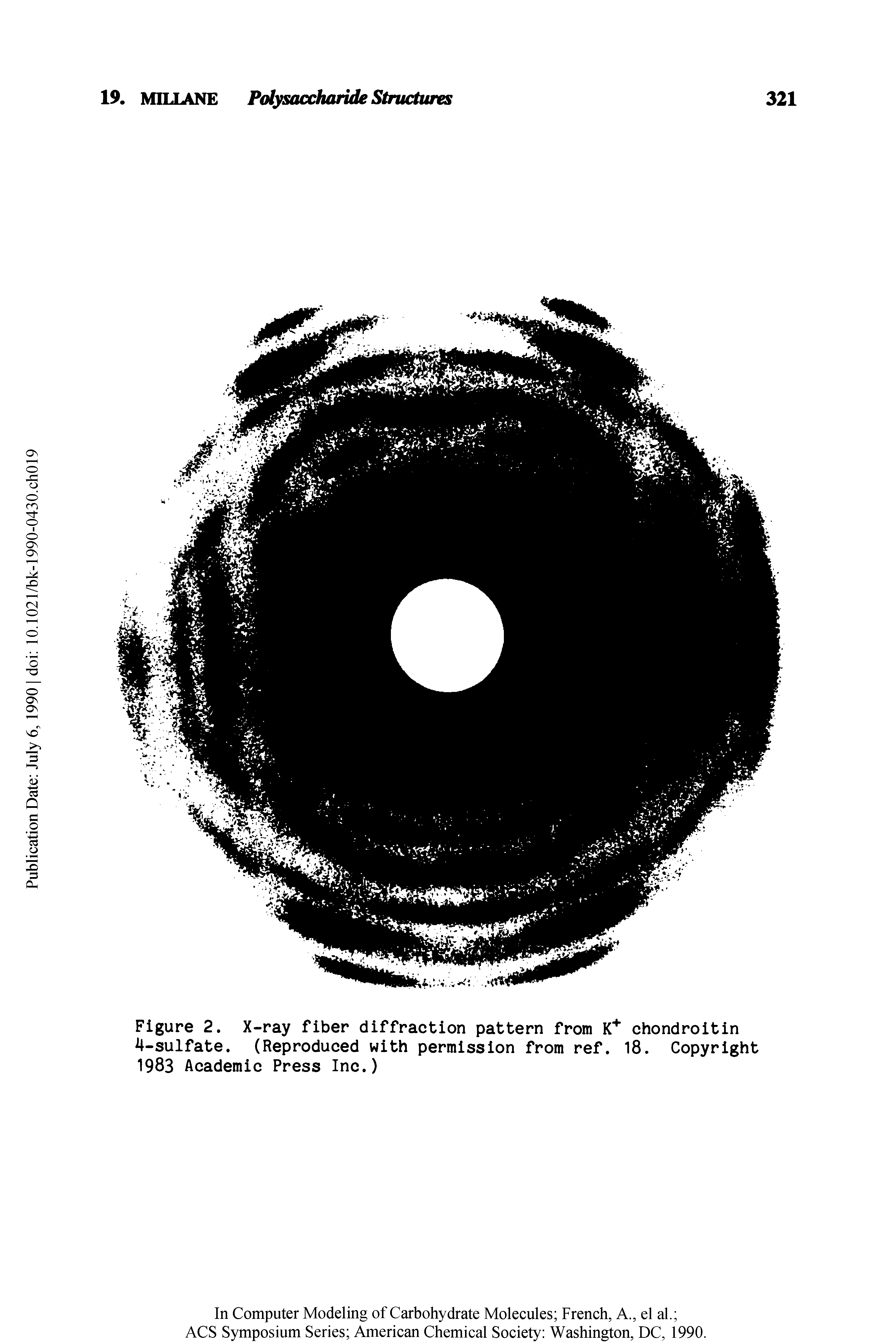 Figure 2. X-ray fiber diffraction pattern from K " chondroitin 4-sulfate. (Reproduced with permission from ref. 18. Copyright 1983 Academic Press Inc.)...