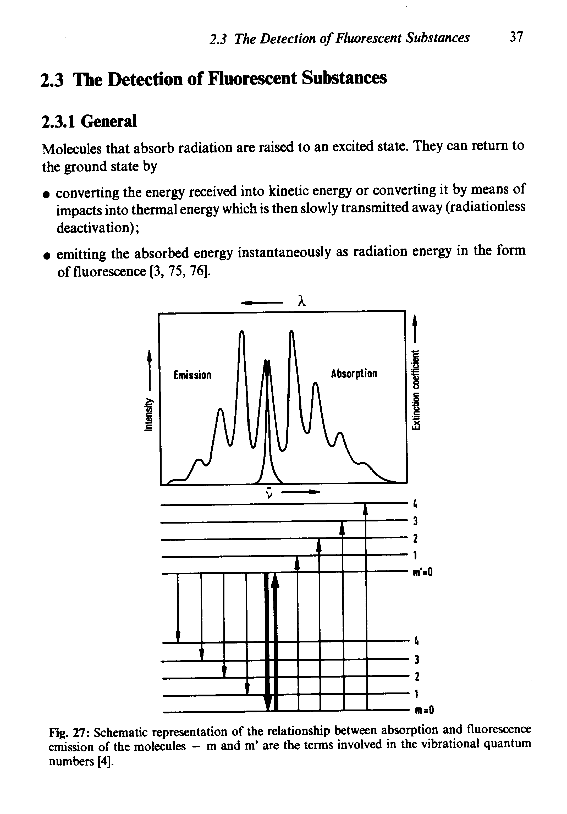 Fig. 27 Schematic representation of the relationship between absorption and fluorescence emission of the molecules — m and m are the terms involved in the vibrational quantum numbers [4],...
