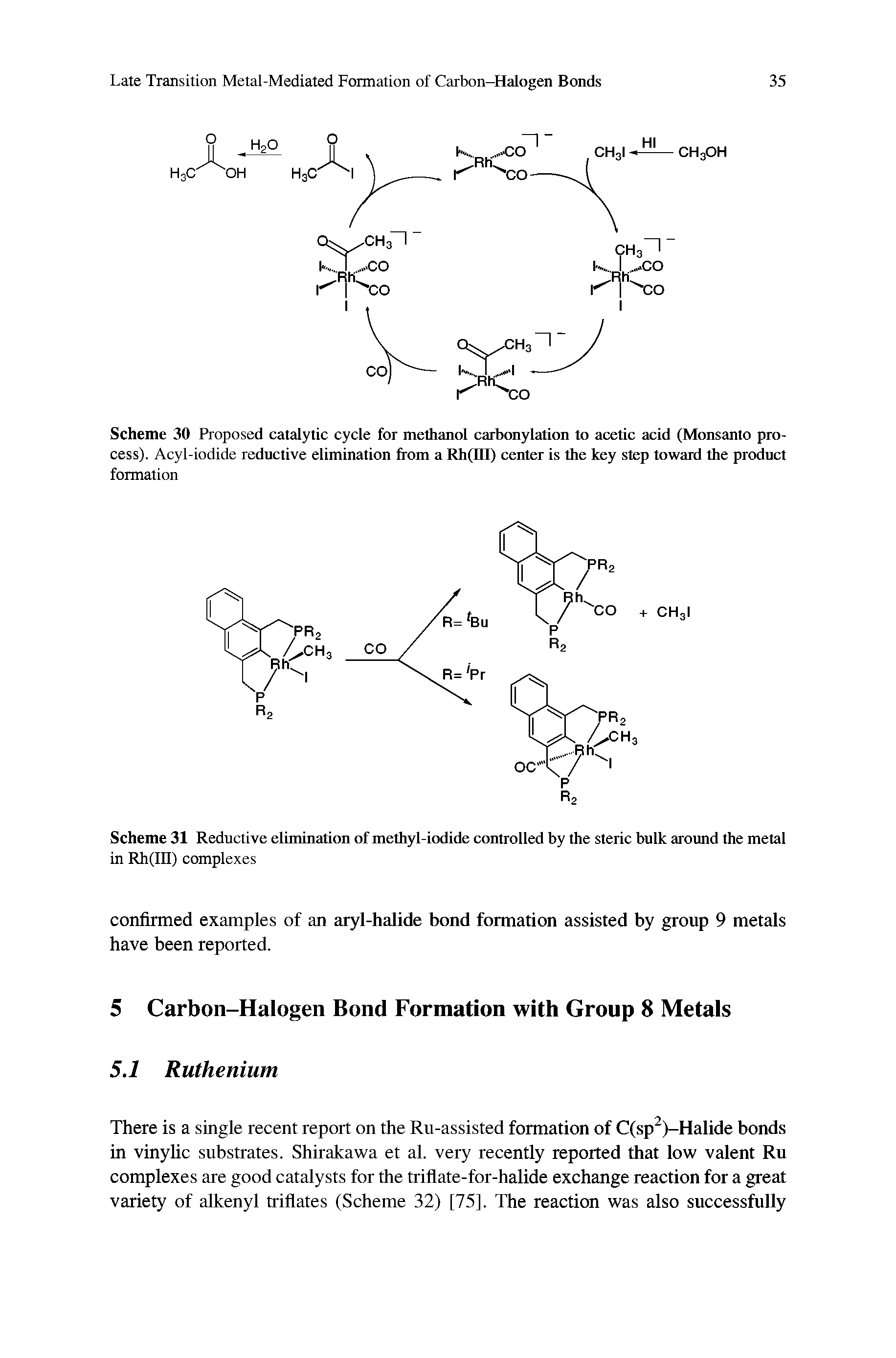Scheme 30 Proposed catalytic cycle for methanol carbonylation to acetic acid (Monsanto process). Acyl-iodide reductive elimination from a Rh(ni) center is the key step toward the product formation...