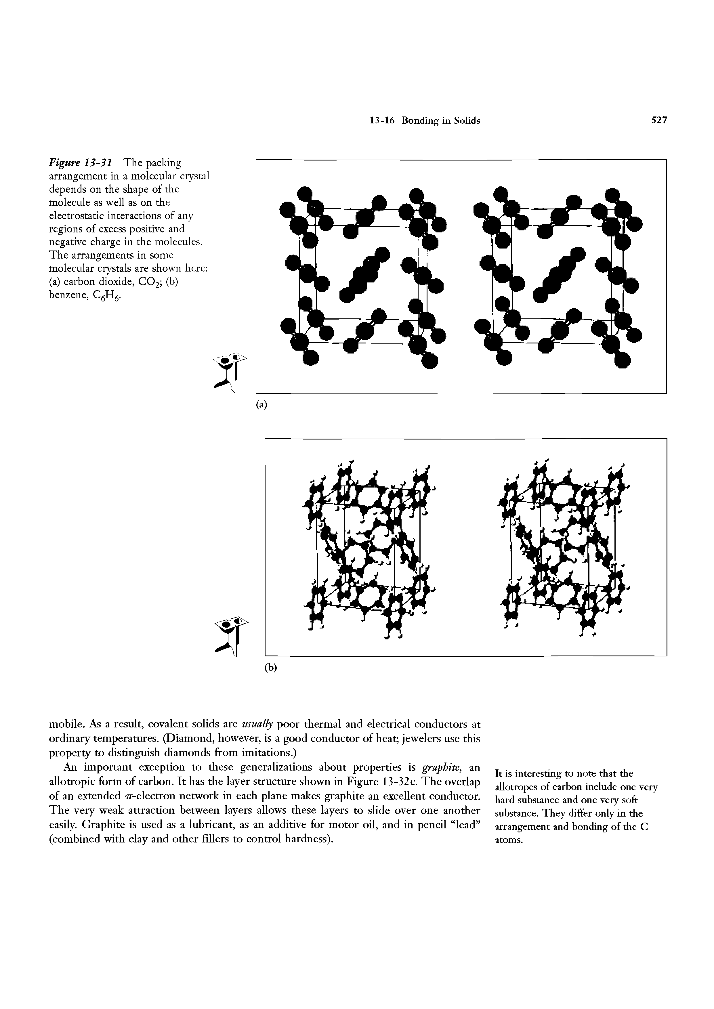 Figure 13-31 The packing arrangement in a molecular crystal depends on the shape of the molecule as well as on the electrostatic interactions of any regions of excess positive and negative charge in the molecules. The arrangements in some molecular crystals are shown here (a) carbon dioxide, CO2 (b) benzene, CgHg.
