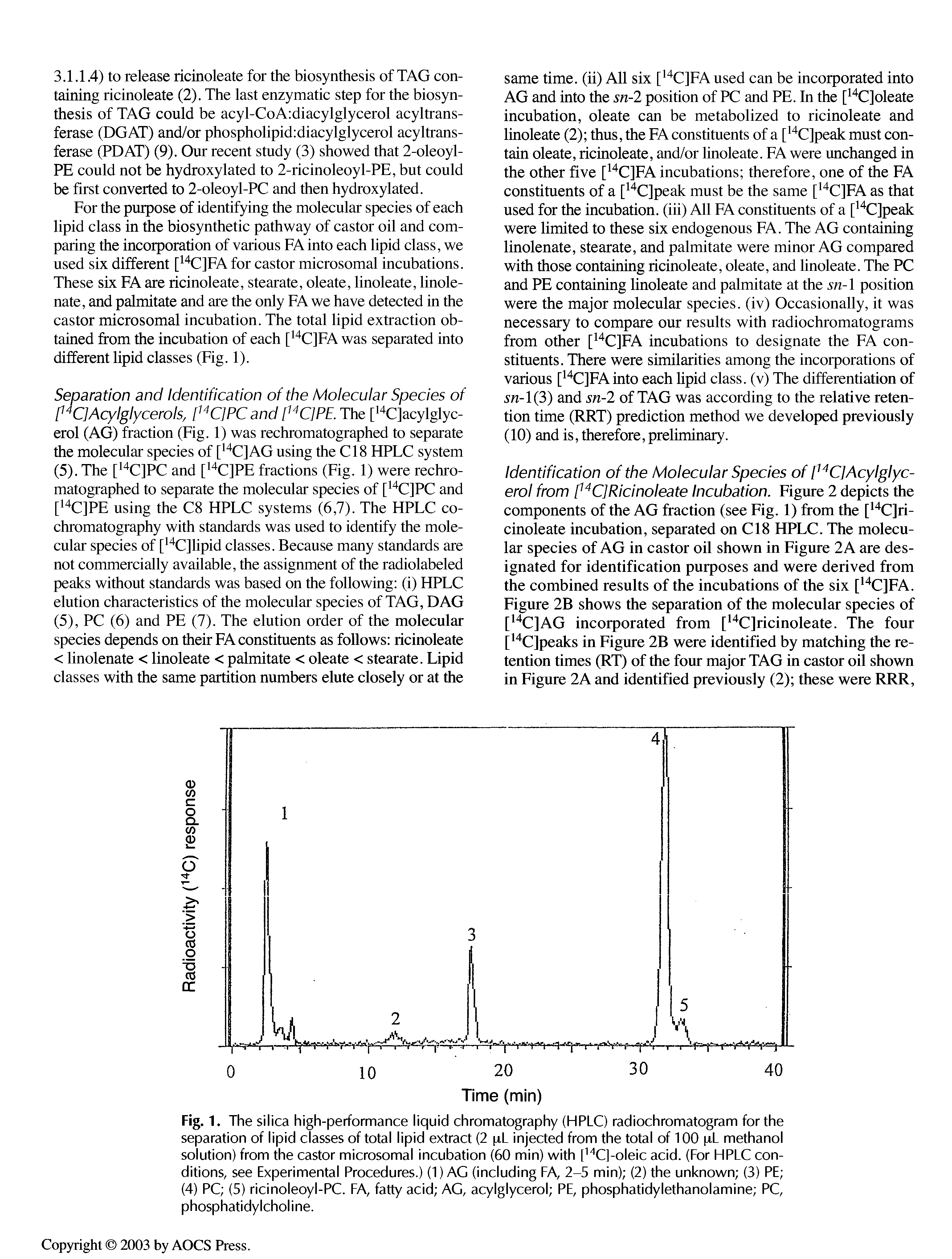 Fig. 1. The silica high-performance liquid chromatography (HPLC) radiochromatogram for the separation of lipid classes of total lipid extract (2 pL injected from the total of 100 pL methanol solution) from the castor microsomal incubation (60 min) with P" C]-oleic acid. (For HPLC conditions, see Experimental Procedures.) (1) AG (including FA, 2-5 min) (2) the unknown (3) PE (4) PC (5) ricinoleoyl-PC. FA, fatty acid AG, acylglycerol PE, phosphatidylethanolamine PC, phosphatidylcholine.