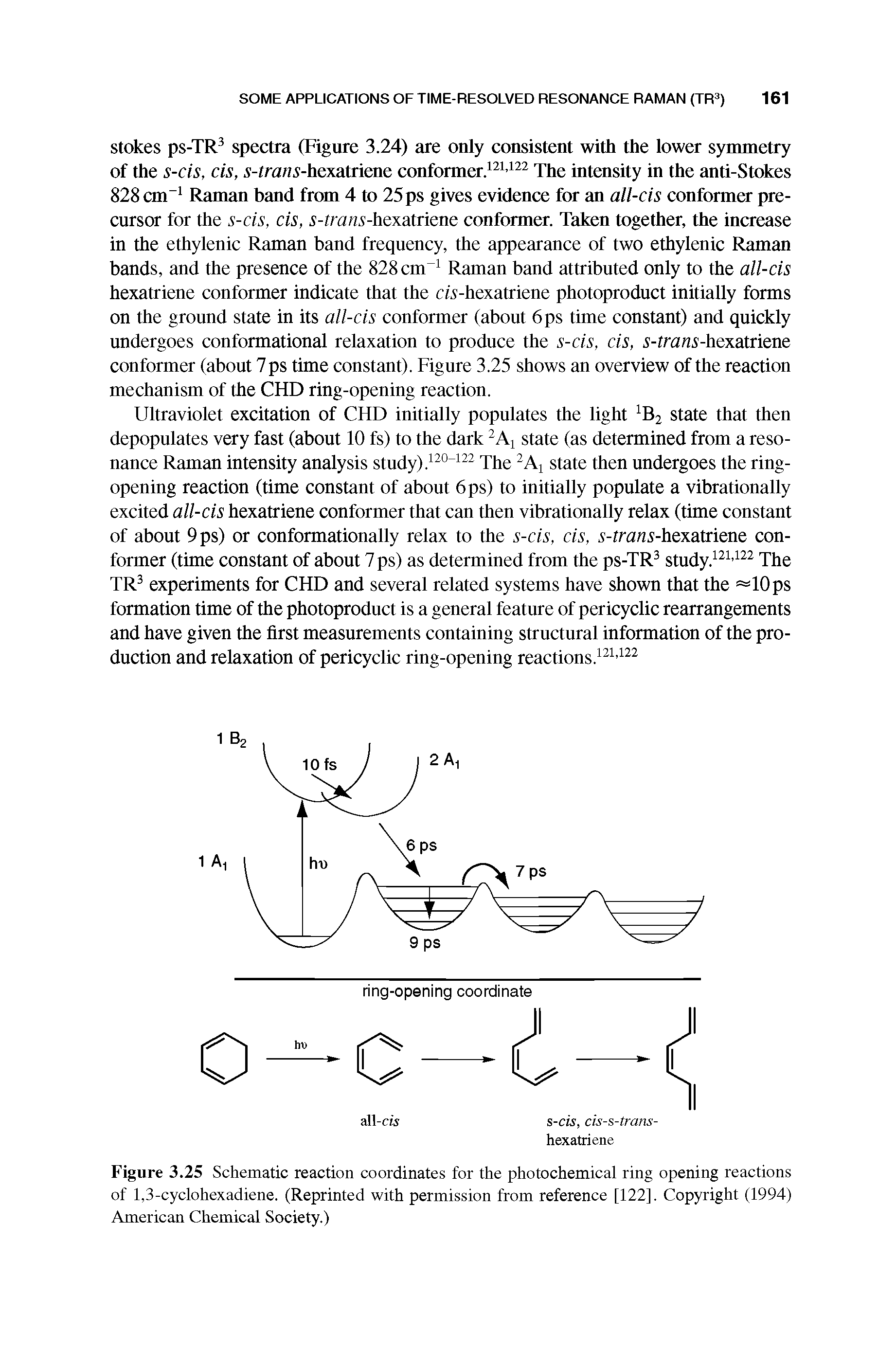 Figure 3.25 Schematic reaction coordinates for the photochemical ring opening reactions of 1,3-cyclohexadiene. (Reprinted with permission from reference [122]. Copyright (1994) American Chemical Society.)...