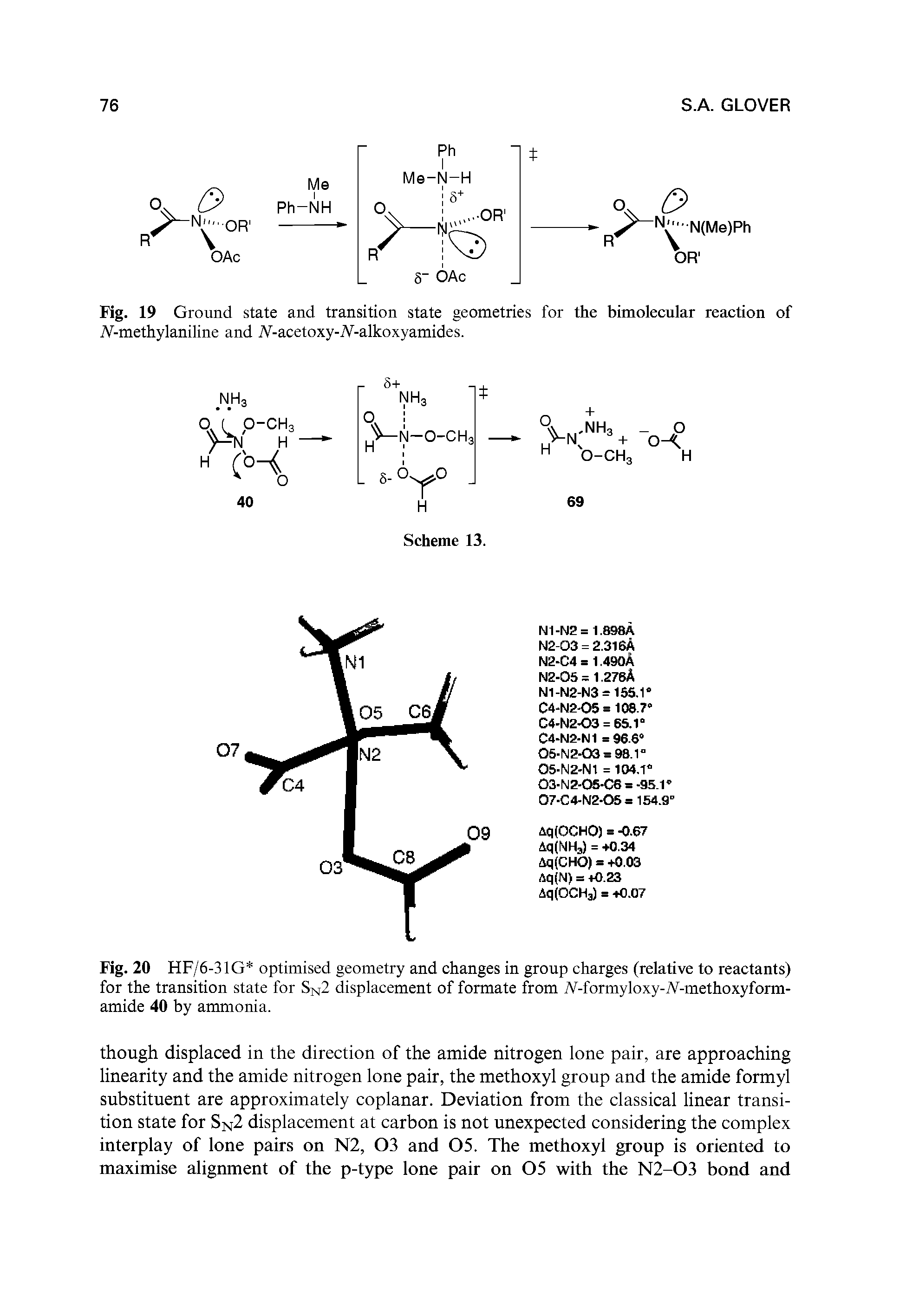 Fig. 20 HF/6-31G optimised geometry and changes in group charges (relative to reactants) for the transition state for SN2 displacement of formate from Af-formyloxy-Af-methoxyform-amide 40 by ammonia.