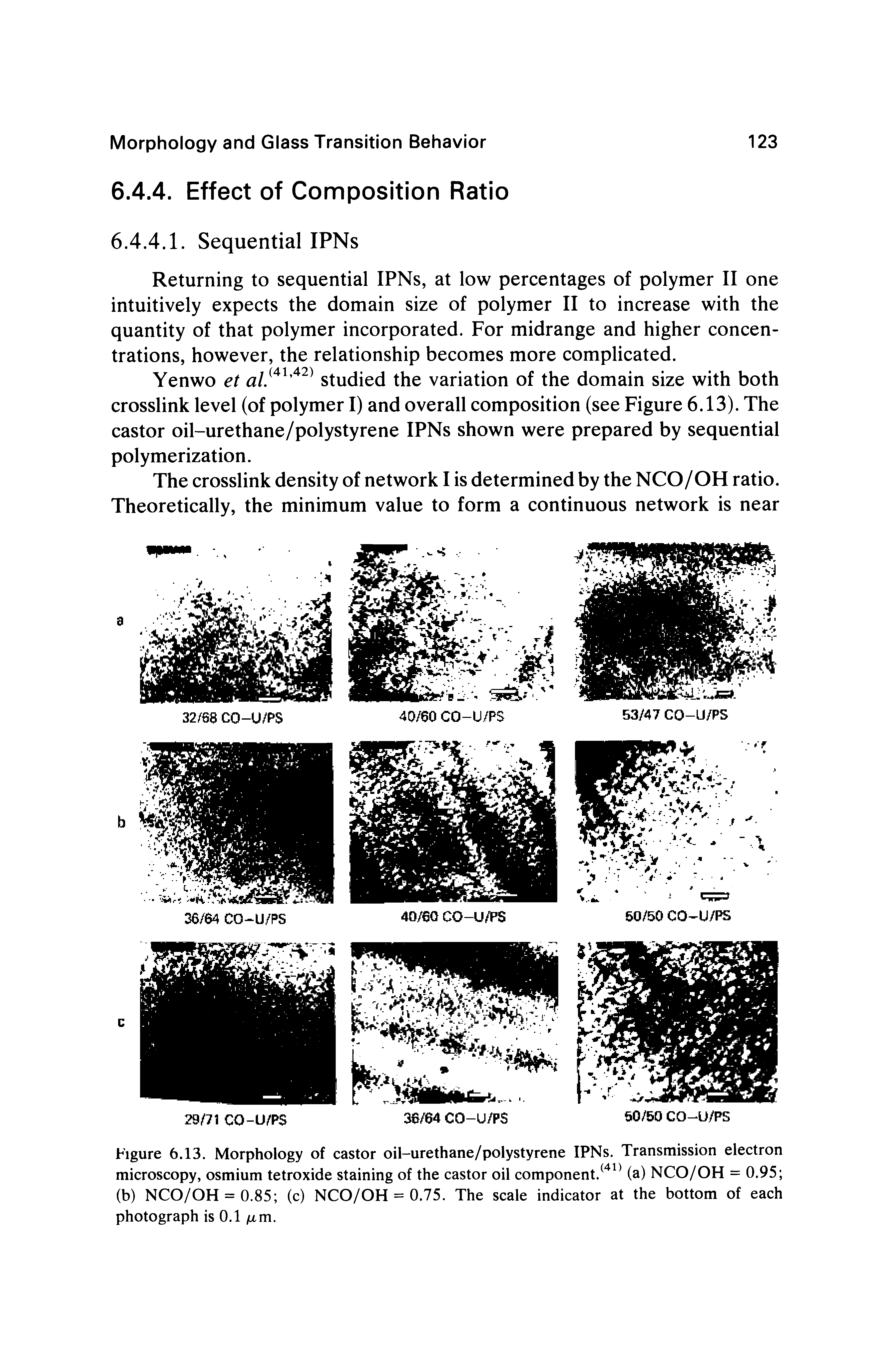 Figure 6.13. Morphology of castor oil-urethane/polystyrene IPNs. Transmission electron microscopy, osmium tetroxide staining of the castor oil component.(a) NCO/OH = 0.95 (b) NCO/OH = 0.85 (c) NCO/OH = 0.75. The scale indicator at the bottom of each photograph is 0.1 /am.