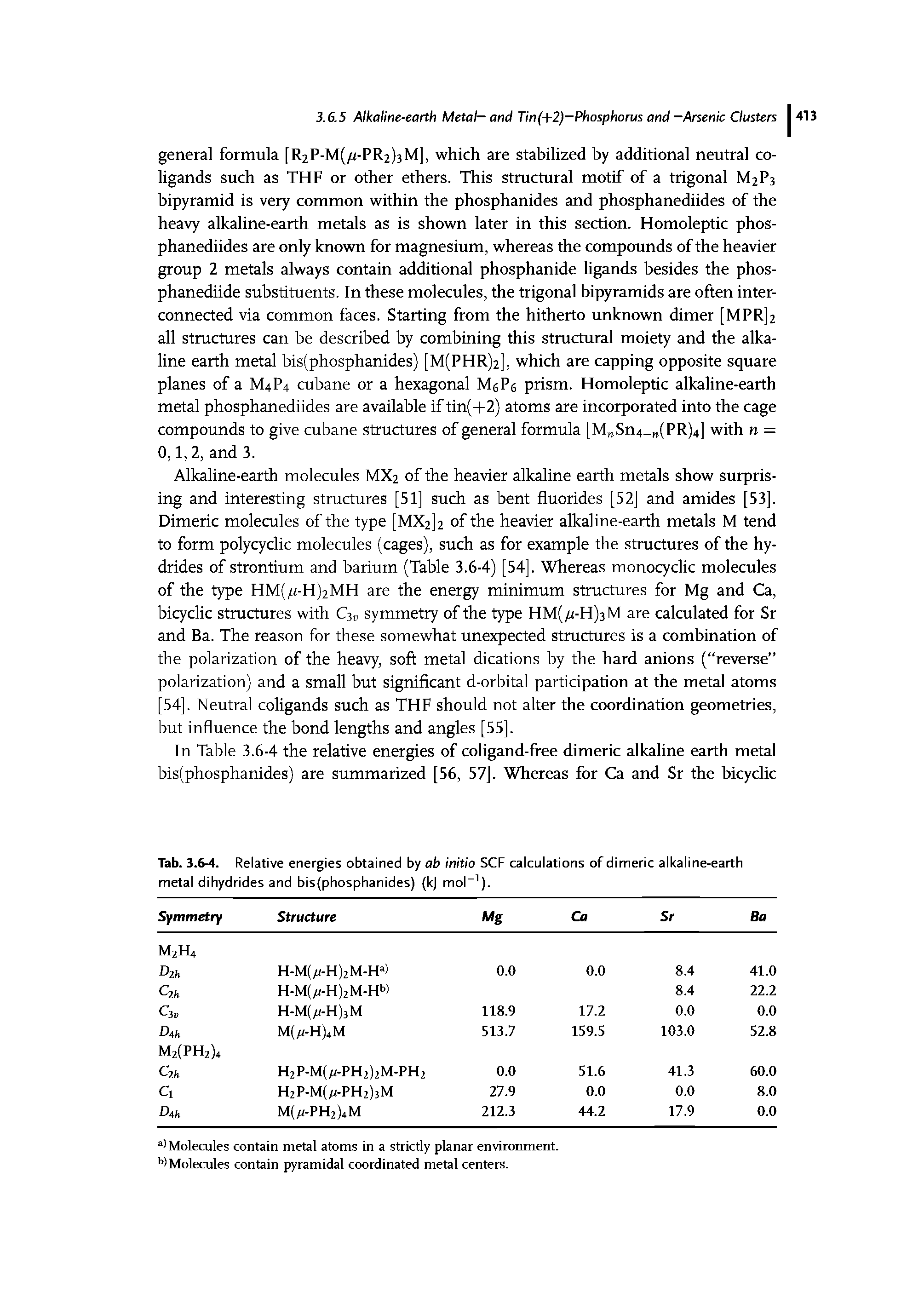 Tab. 3.6-4. Relative energies obtained by ab initio SCF calculations of dimeric alkaline-earth metal dihydrides and bis(phosphanides) (kj mol-1).