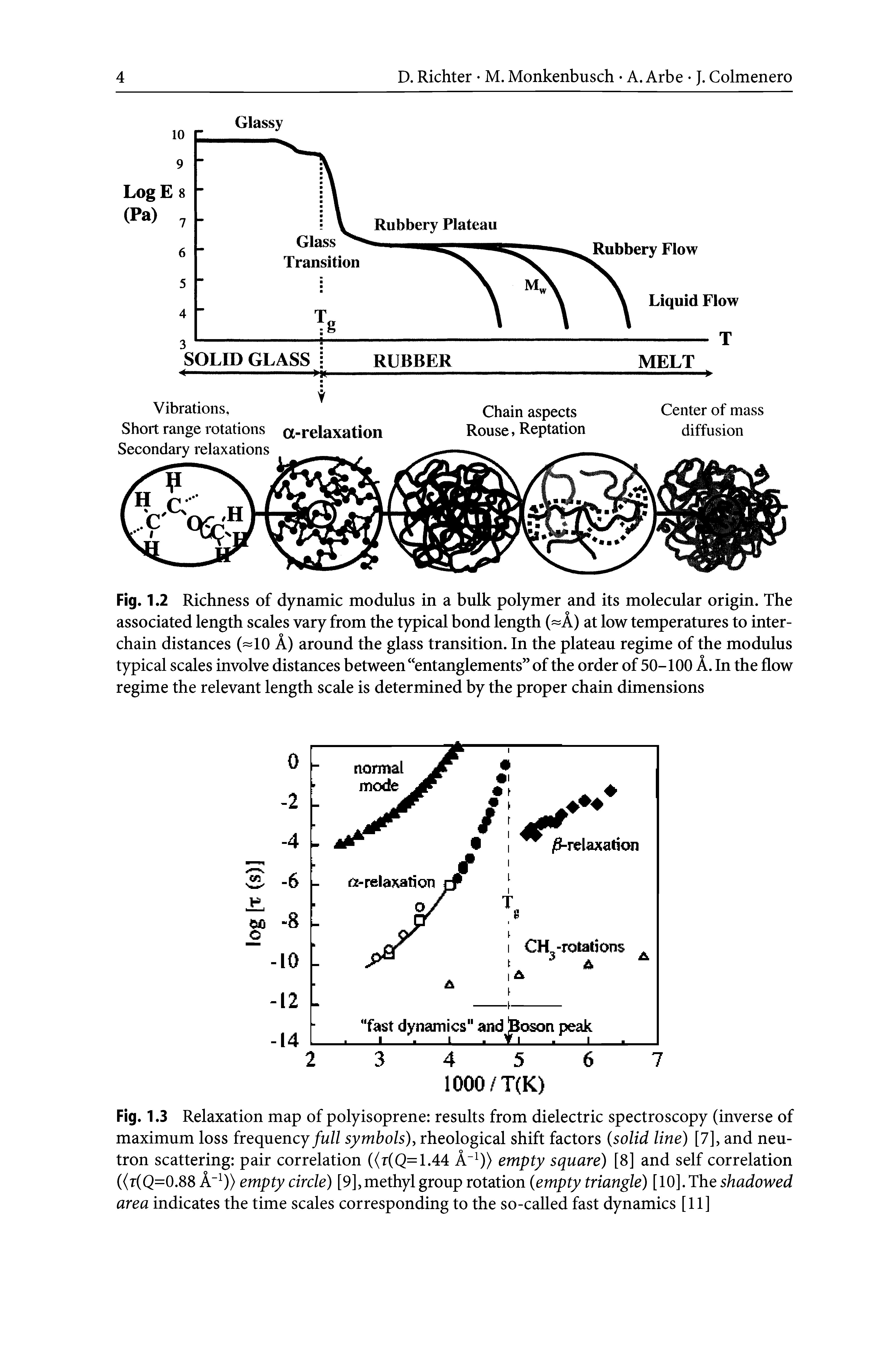 Fig. 1.3 Relaxation map of polyisoprene results from dielectric spectroscopy (inverse of maximum loss frequency/w// symbols), rheological shift factors (solid line) [7], and neutron scattering pair correlation ((r(Q=1.44 A )) empty square) [8] and self correlation ((t(Q=0.88 A" )) empty circle) [9],methyl group rotation (empty triangle) [10]. The shadowed area indicates the time scales corresponding to the so-called fast dynamics [11]...