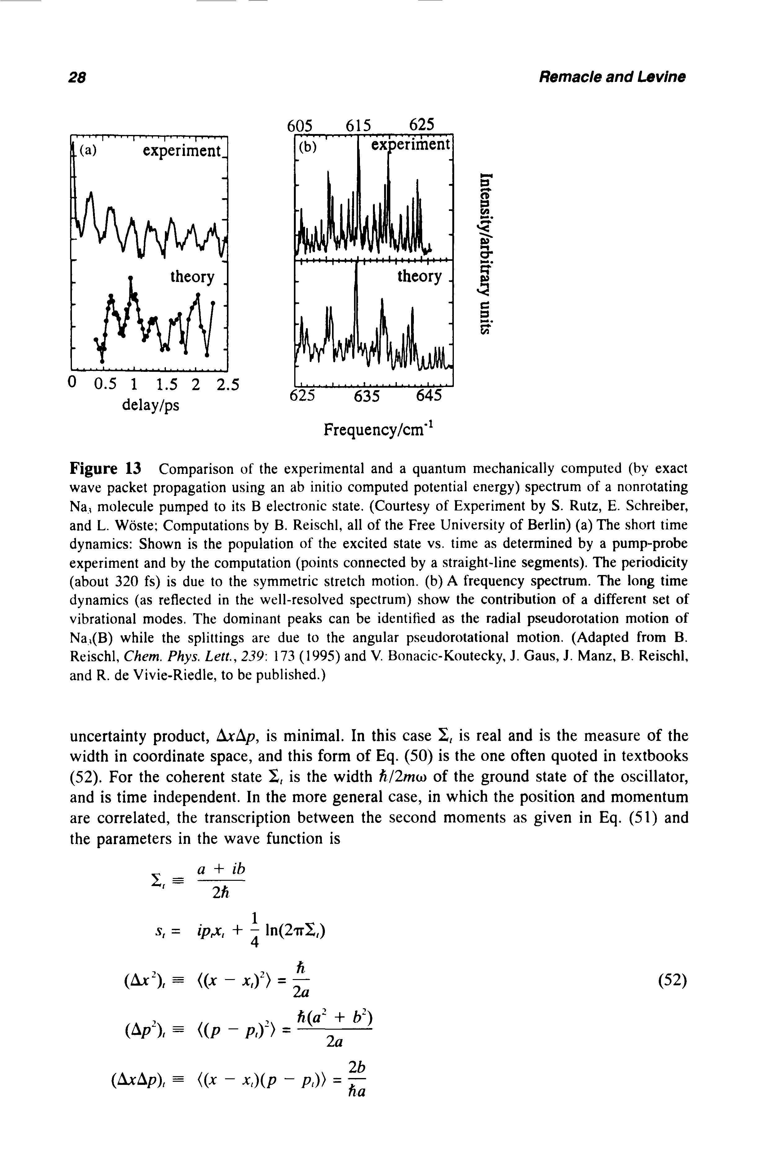 Figure 13 Comparison of the experimental and a quantum mechanically computed (by exact wave packet propagation using an ab initio computed potential energy) spectrum of a nonrotating Na, molecule pumped to its B electronic state. (Courtesy of Experiment by S. Rutz, E. Schreiber, and L. Woste Computations by B. Reischl, all of the Free University of Berlin) (a) The short time dynamics Shown is the population of the excited state vs. time as determined by a pump-probe experiment and by the computation (points connected by a straight-line segments). The periodicity (about 320 fs) is due to the symmetric stretch motion, (b) A frequency spectrum. The long time dynamics (as reflected in the well-resolved spectrum) show the contribution of a different set of vibrational modes. The dominant peaks can be identified as the radial pseudorotation motion of Na,(B) while the splittings are due to the angular pseudorotational motion. (Adapted from B. Reischl, Chem. Phys. Lett., 239 173 (1995) and V. Bonacic-Koutecky, J. Gaus, J. Manz, B. Reischl, and R. de Vivie-Riedle, to be published.)...