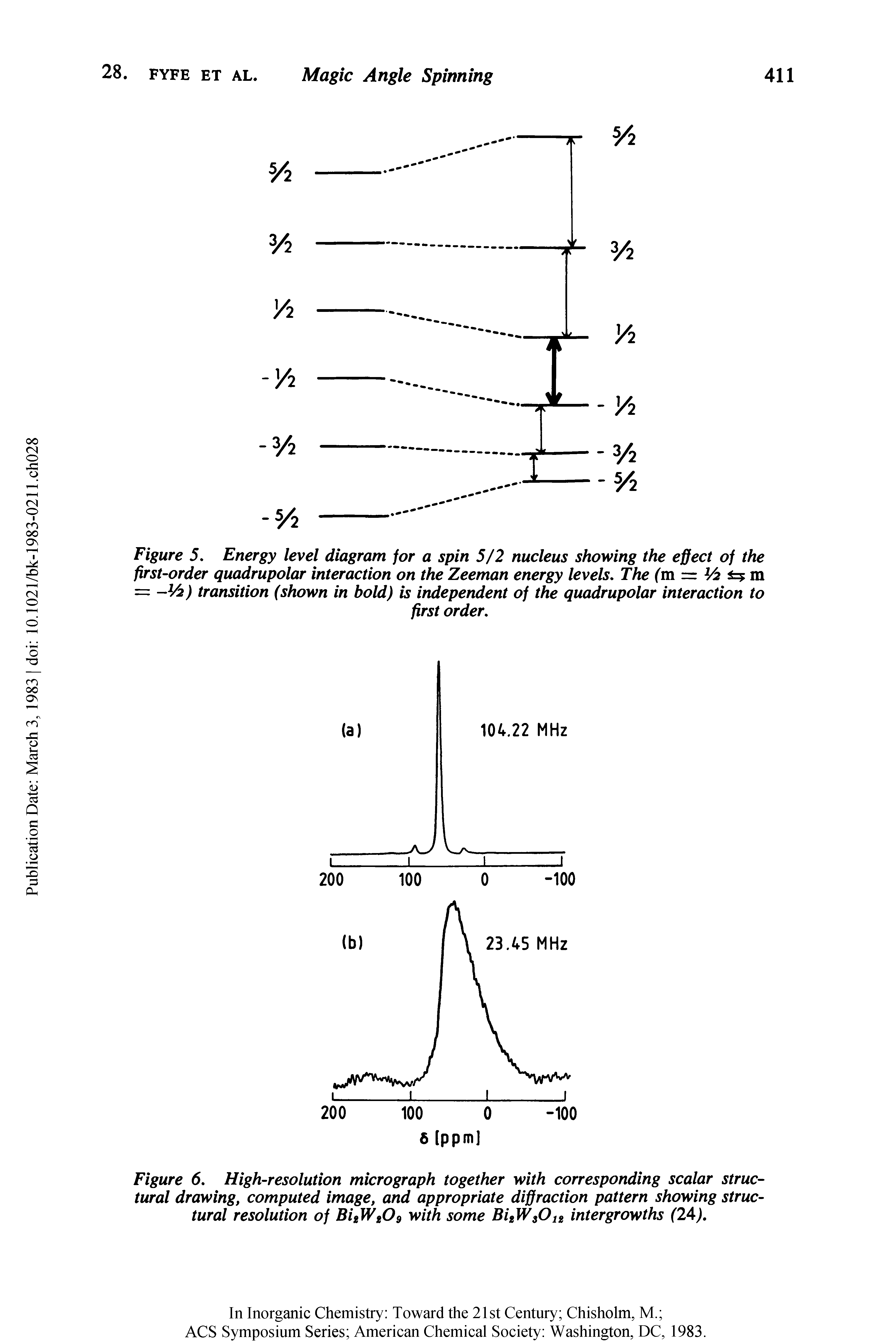 Figure 5. Energy level diagram for a spin 5/2 nucleus showing the effect of the first-order quadrupolar interaction on the Zeeman energy levels. The (m V2 m = -V2) transition (shown in bold) is independent of the quadrupolar interaction to...