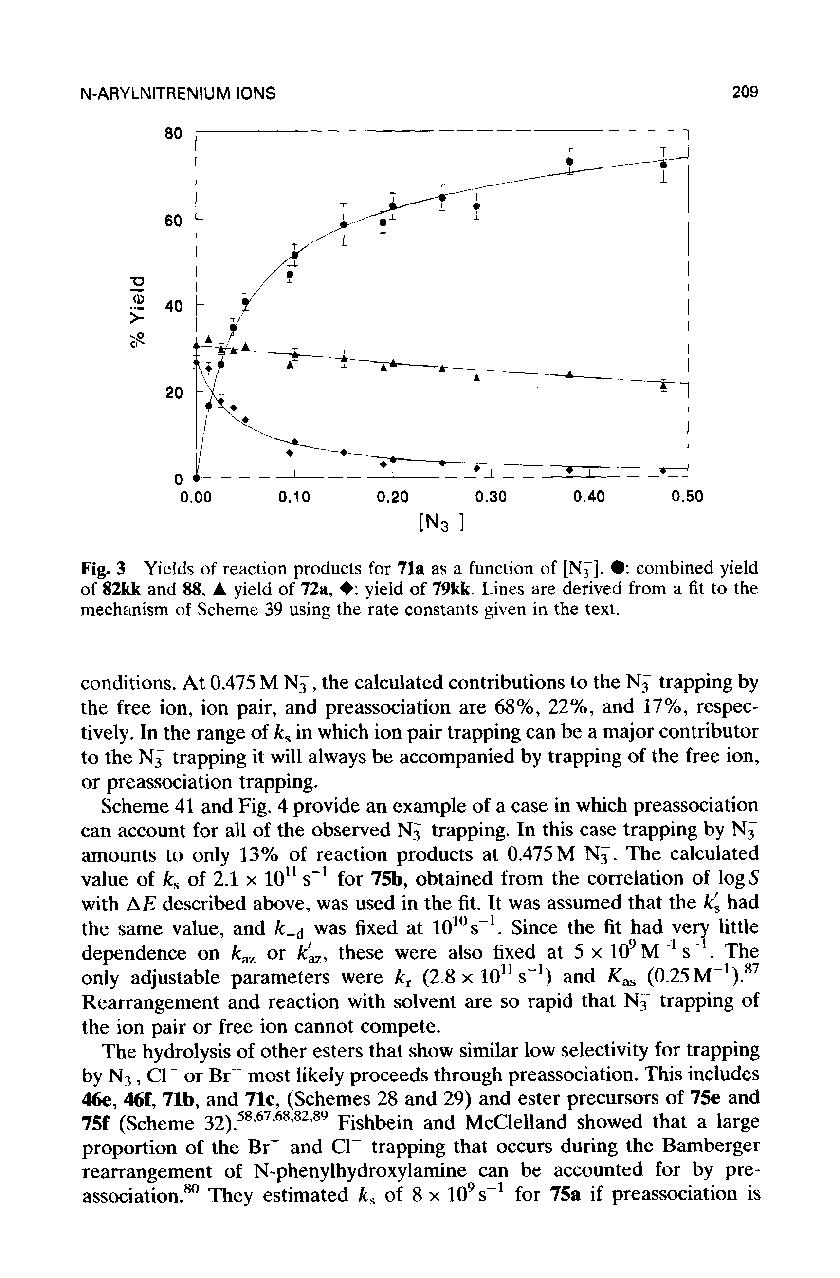 Fig. 3 Yields of reaction products for 71a as a function of [N3 ]. combined yield of 82I(Jt and 88, A yield of 72a, yield of 79kk. Lines are derived from a fit to the mechanism of Scheme 39 using the rate constants given in the text.
