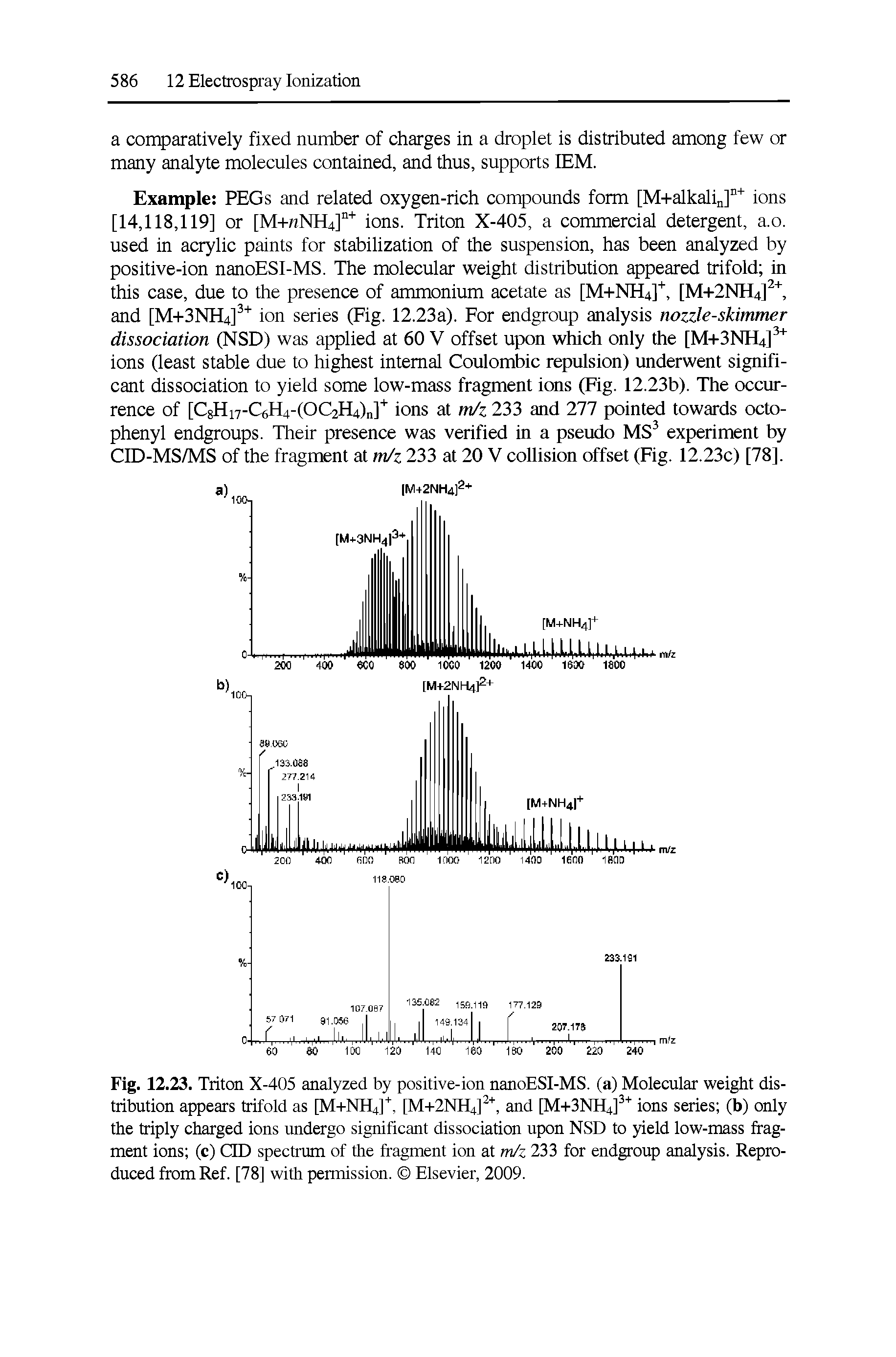 Fig. 12.23. Triton X-405 analyzed by positive-ion nanoESI-MS. (a) Molecular weight distribution appears trifold as [M+NH4] ", [M-i-2NH4], and [M+3NH4] ions series (b) only the triply charged ions undergo significant dissociation upon NSD to yield low-mass fragment ions (c) QD spectrum of the fragment ion at m/z 233 for endgroup analysis. Reproduced from Ref. [78] with permission. Elsevier, 2009.