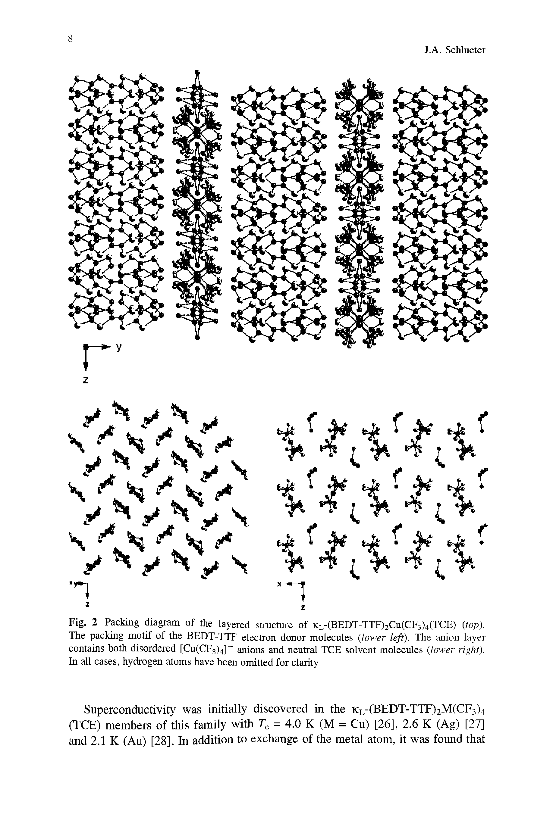 Fig. 2 Packing diagram of the layered structure of kl-(BEDT-TTF)2Cu(CF3)4(TCE) (top). The packing motif of the BEDT-TTF electron donor molecules (lower left). The anion layer contains both disordered [Cu(CF3)4] anions and neutral TCE solvent molecules (lower right). In all cases, hydrogen atoms have been omitted for clarity...