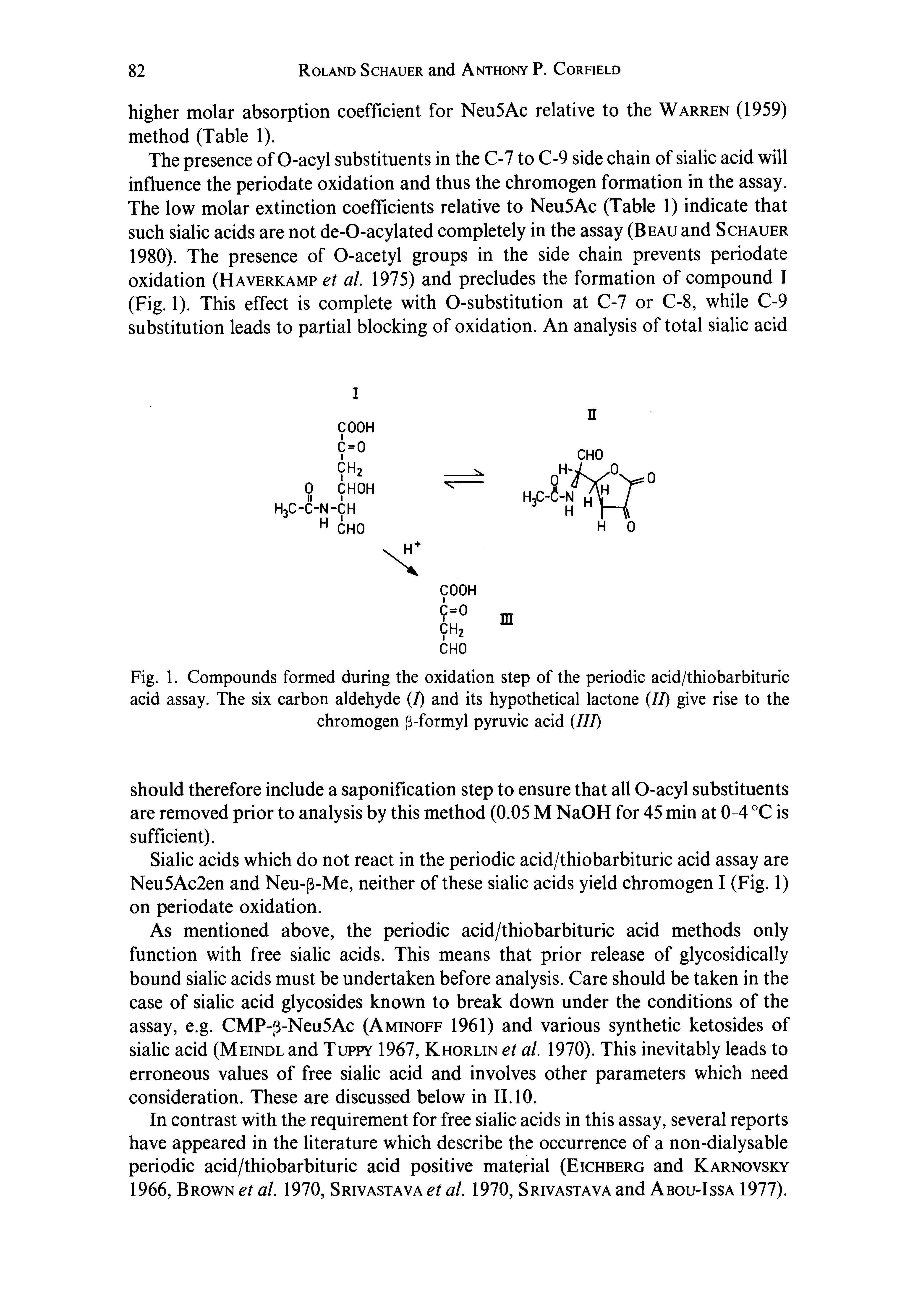 Fig. 1. Compounds formed during the oxidation step of the periodic acid/thiobarbituric acid assay. The six carbon aldehyde (7) and its hypothetical lactone (II) give rise to the chromogen p-formyl pyruvic acid (III)...