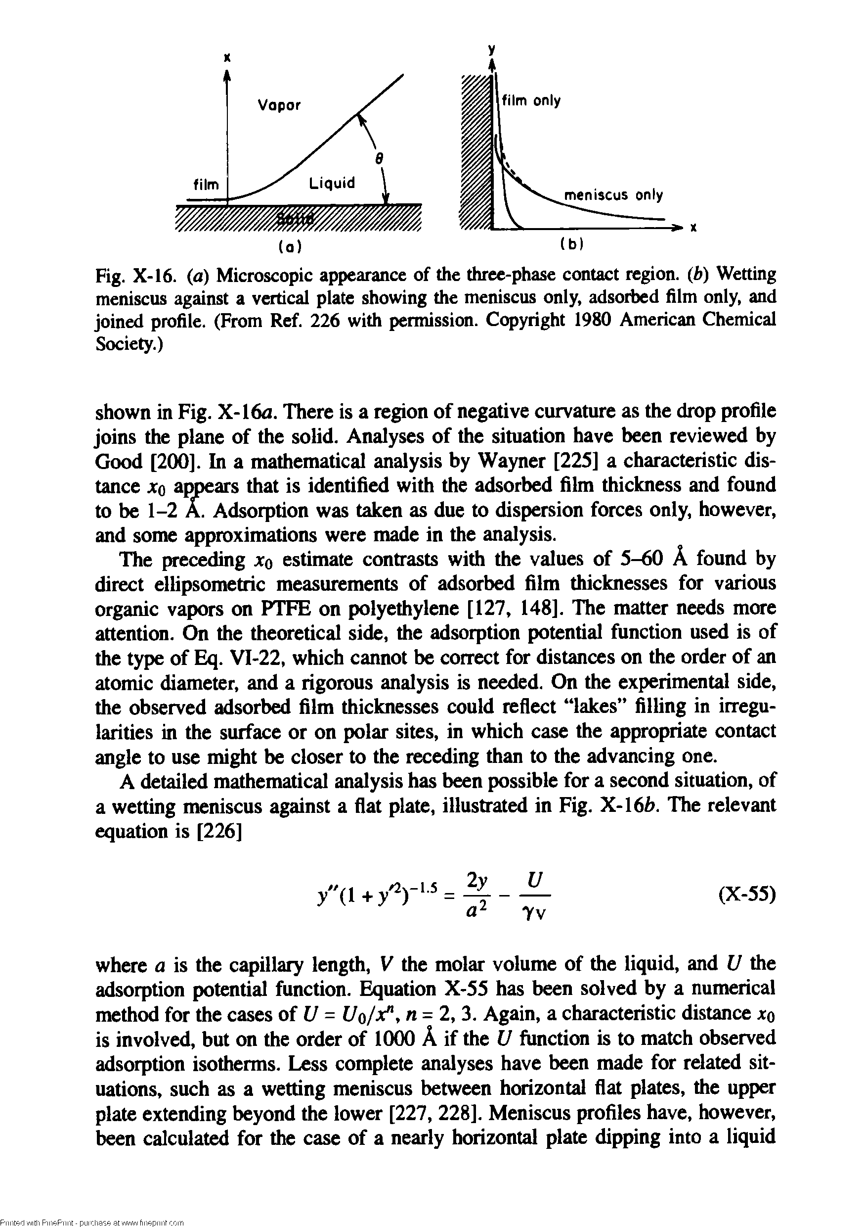 Fig. X-16. (a) Microscopic appearance of the three-phase contact region, (b) Wetting meniscus against a vertical plate showing the meniscus only, adsorbed film only, and joined profile. (From Ref. 226 with permission. Copyright 1980 American Chemical Society.)...