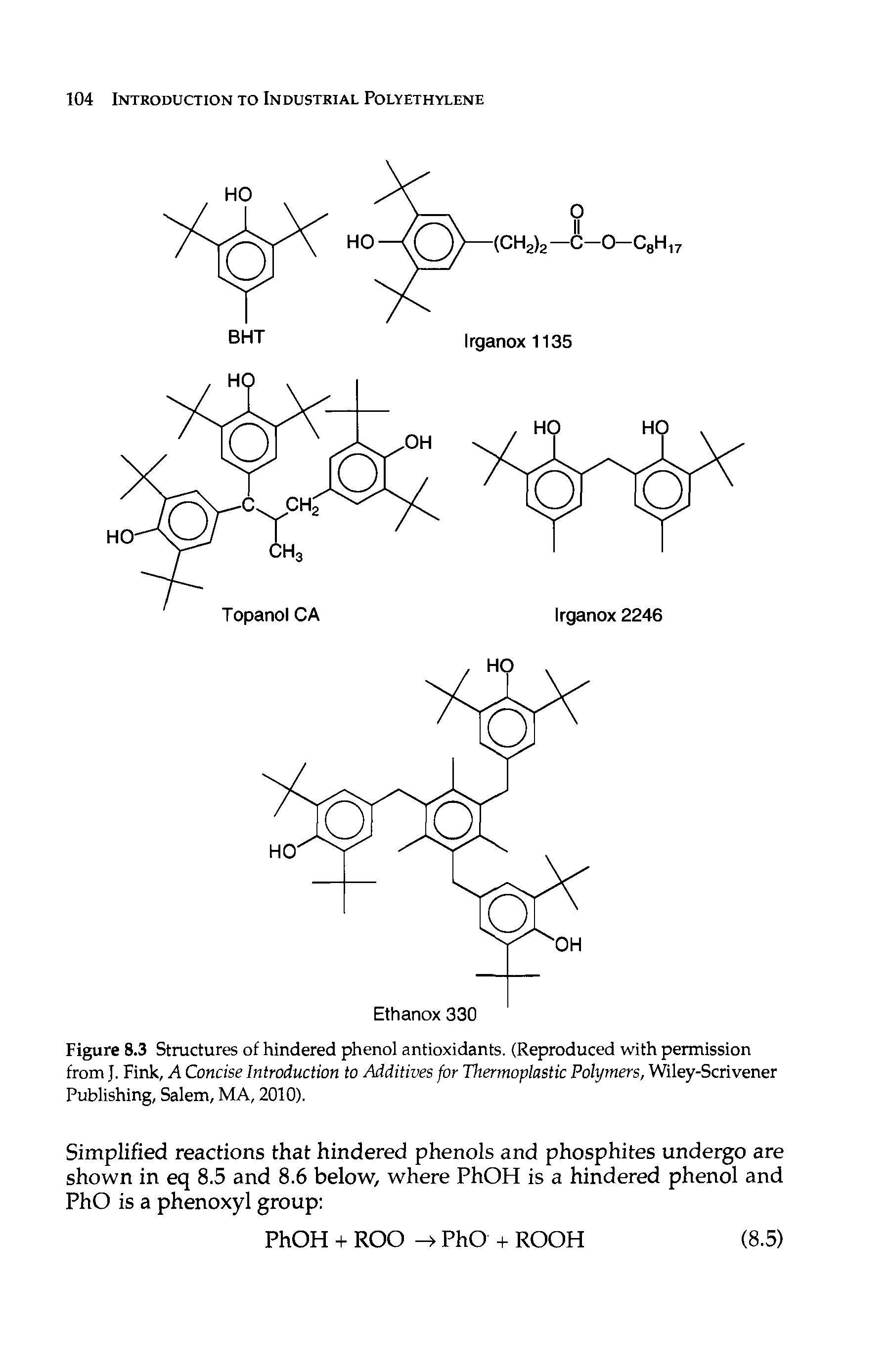 Figure 8.3 Structures of hindered phenol antioxidants. (Reproduced with permission from J. Fink, A Concise Introduction to Additives for Thermoplastic Polymers, Wiley-Scrivener Publishing, Salem, MA, 2010).