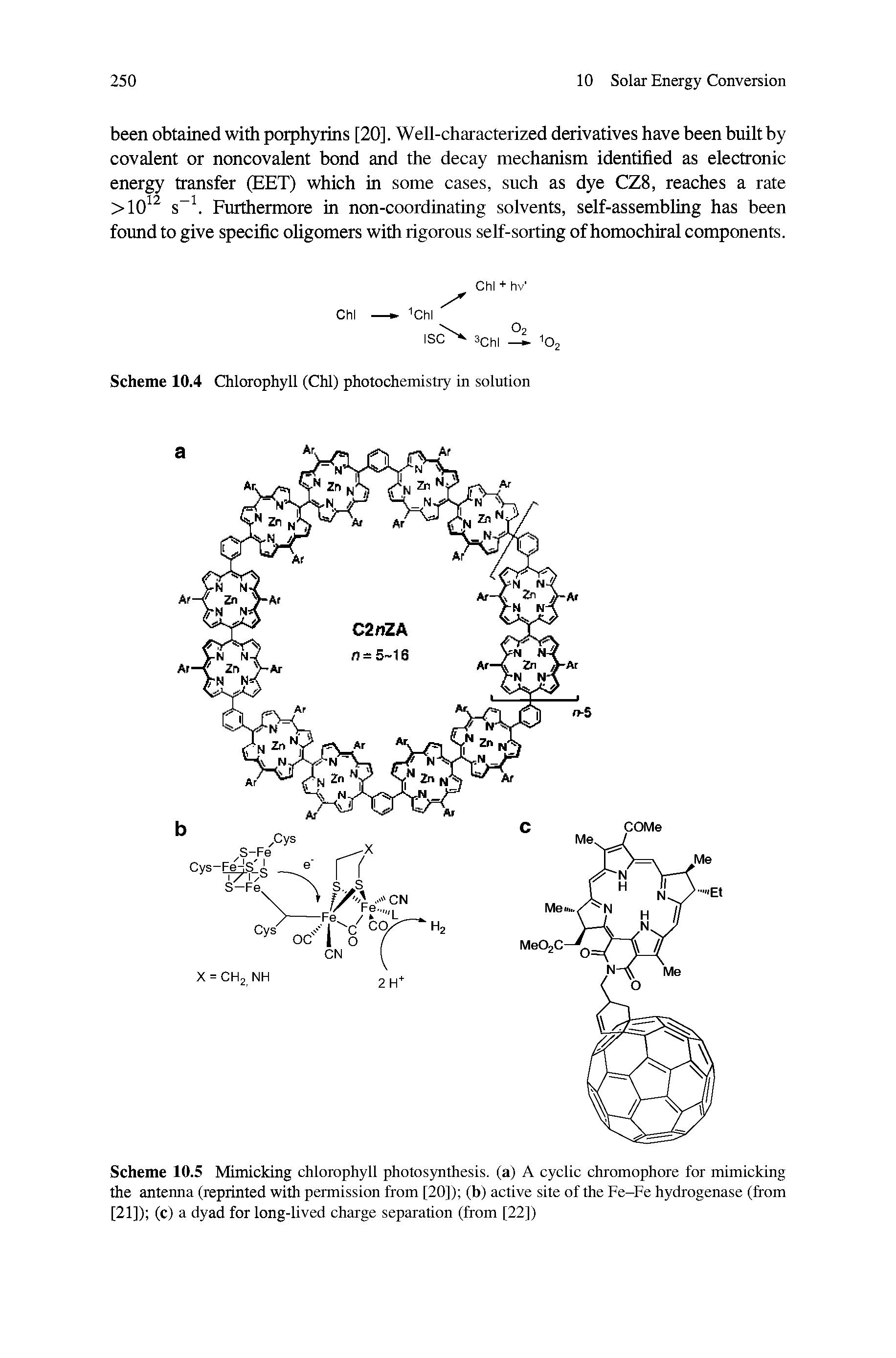 Scheme 10.5 Mimicking chlorophyll photosynthesis, (a) A cyclic chromophore for mimicking the antenna (reprinted with permission from [20]) (b) active site of the Fe-Fe hydrogenase (from [21]) (c) a dyad for long-lived charge separation (from [22])...
