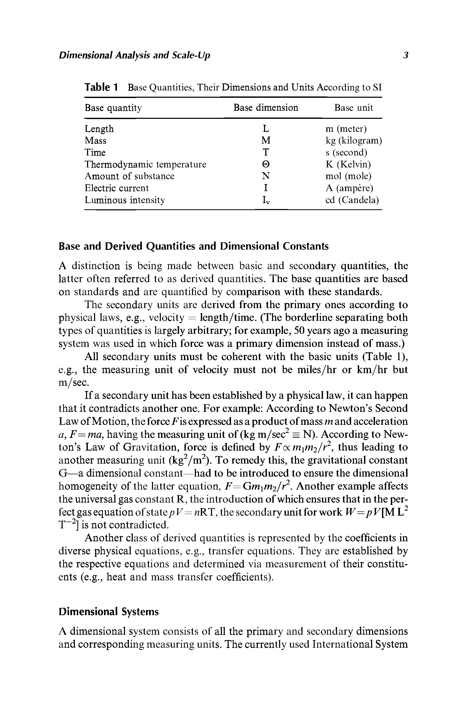 Table 1 Base Quantities, Their Dimensions and Units According to SI...