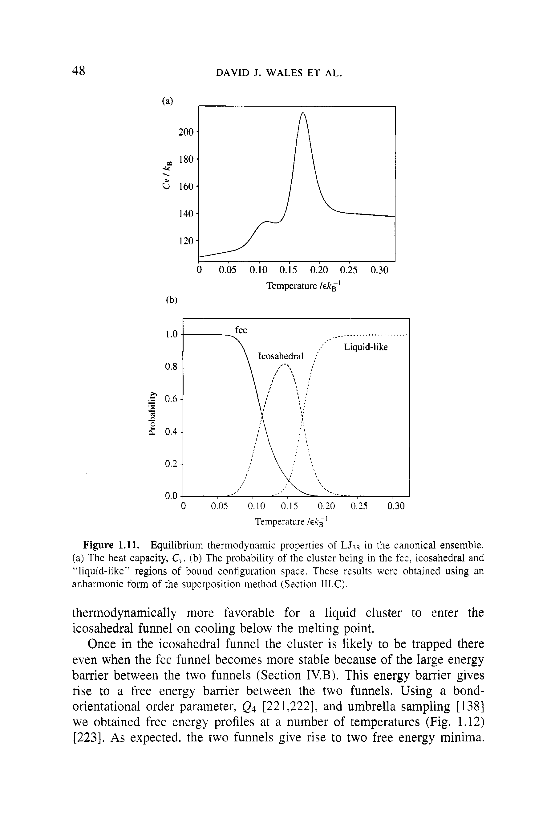 Figure 1.11. Equilibrium thermodynamic properties of LJ38 in the canonical ensemble, (a) The heat capacity, Cv (b) The probability of the cluster being in the fee, icosahedral and liquid-like regions of bound configuration space. These results were obtained using an anharmonic form of the superposition method (Section III.C).