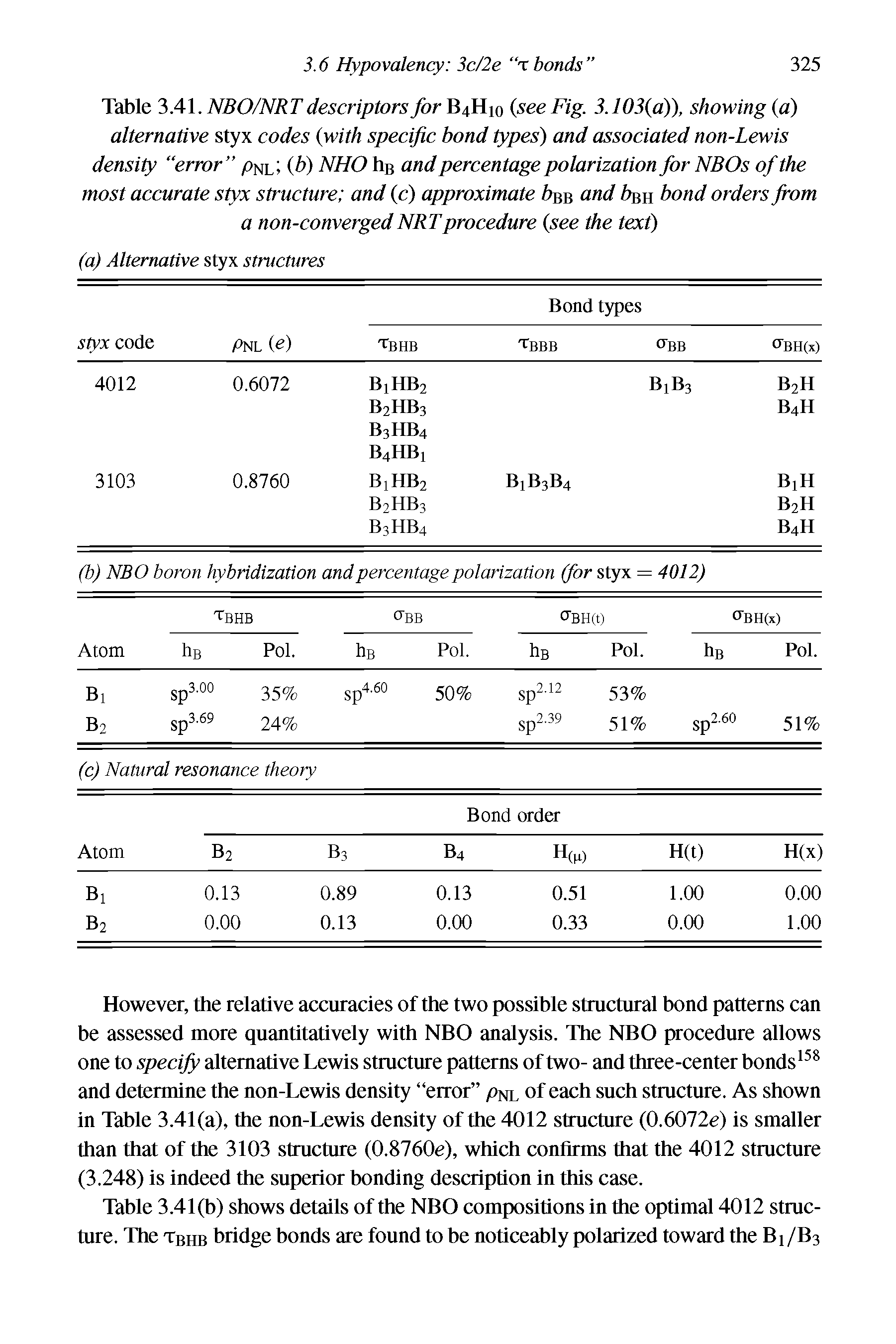 Table 3.41. NBO/NRT descriptors for B4H10 (see Fig. 3.103(a)), showing (a) alternative styx codes (with specific bond types) and associated non-Lewis density error (b) NHO hu and percentage polarization for NBOs of the...