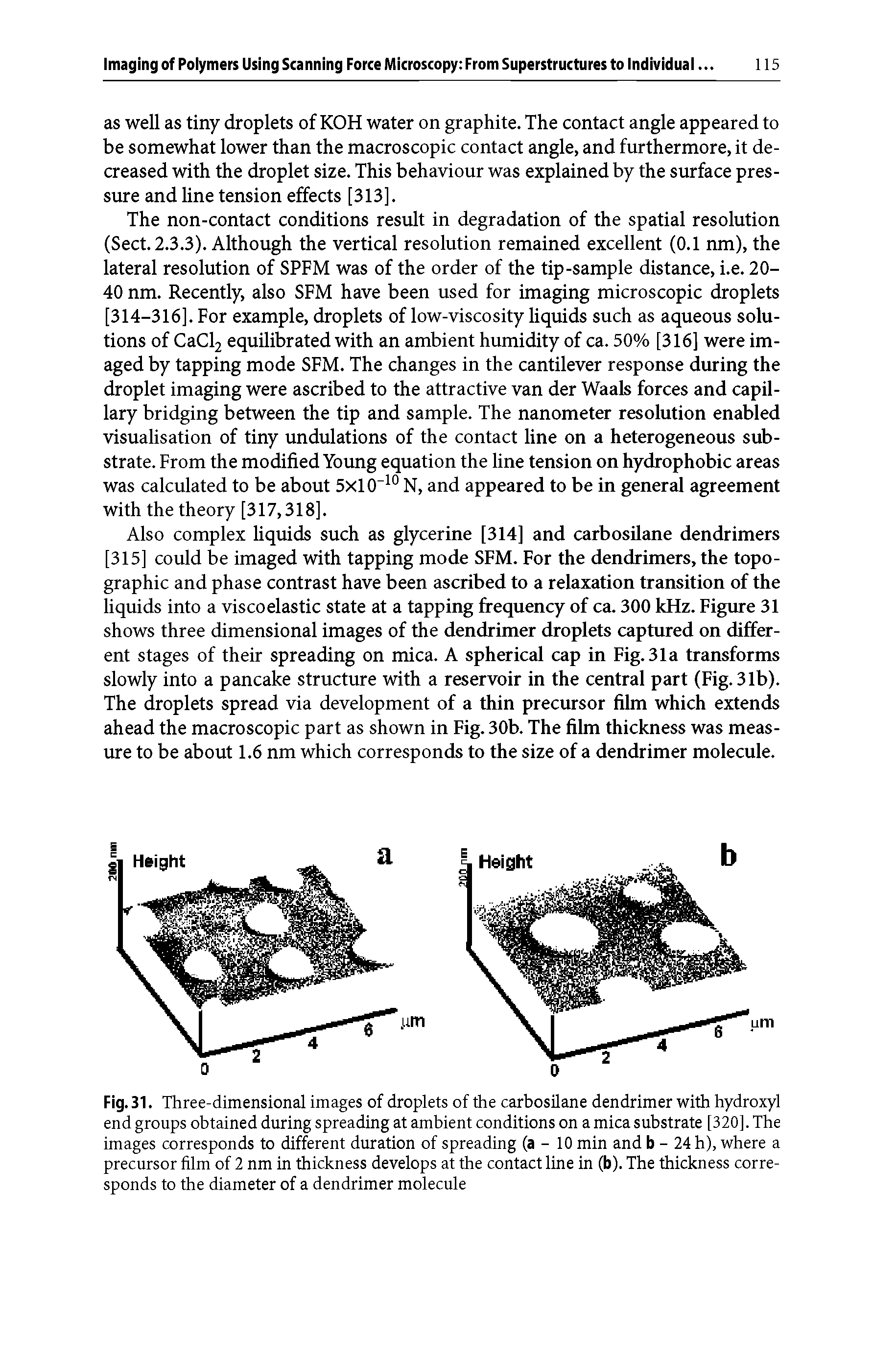 Fig. 31. Three-dimensional images of droplets of the carbosilane dendrimer with hydroxyl end groups obtained during spreading at ambient conditions on a mica substrate [320]. The images corresponds to different duration of spreading (a - 10 min and b - 24 h), where a precursor film of 2 nm in thickness develops at the contact line in (b). The thickness corresponds to the diameter of a dendrimer molecule...