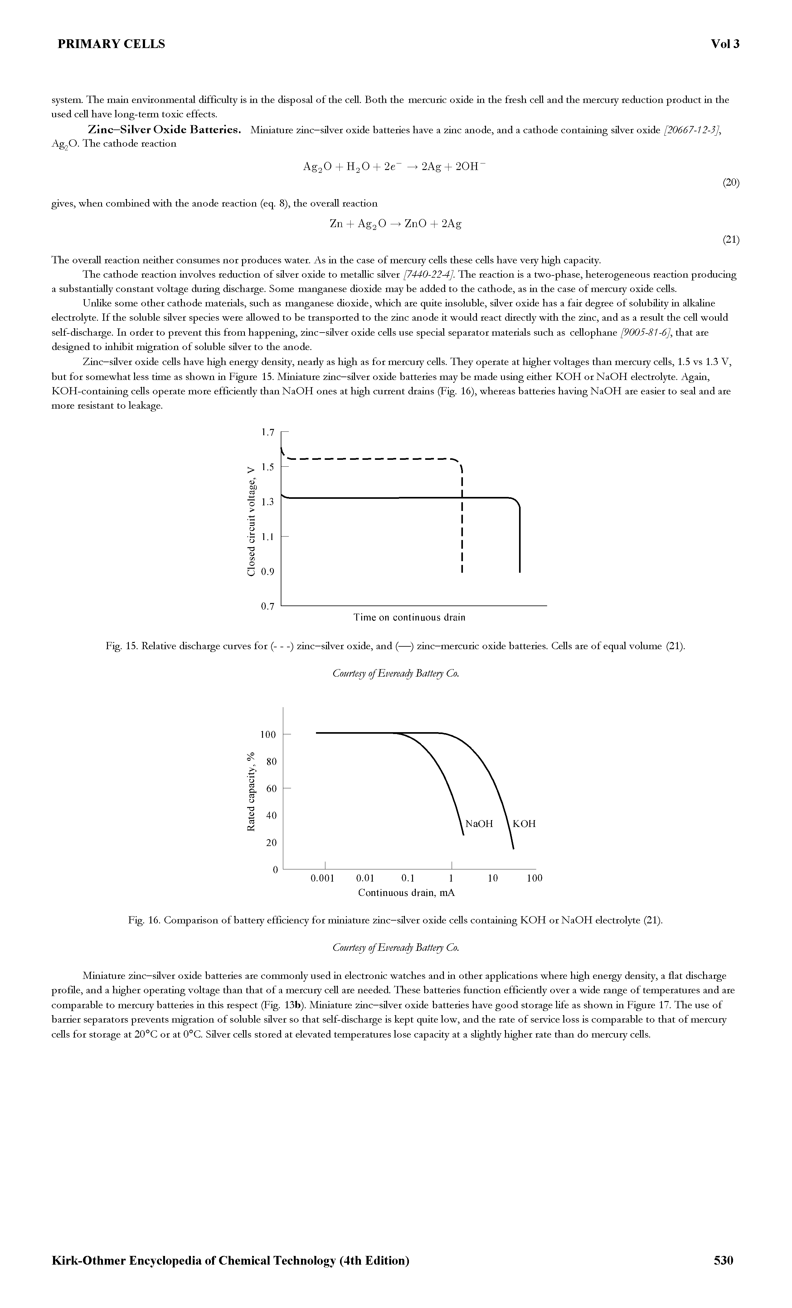 Fig. 15. Relative discharge curves for (-) 2inc—silver oxide, and (—) 2inc—mercuric oxide batteries. Cells are of equal volume (21).