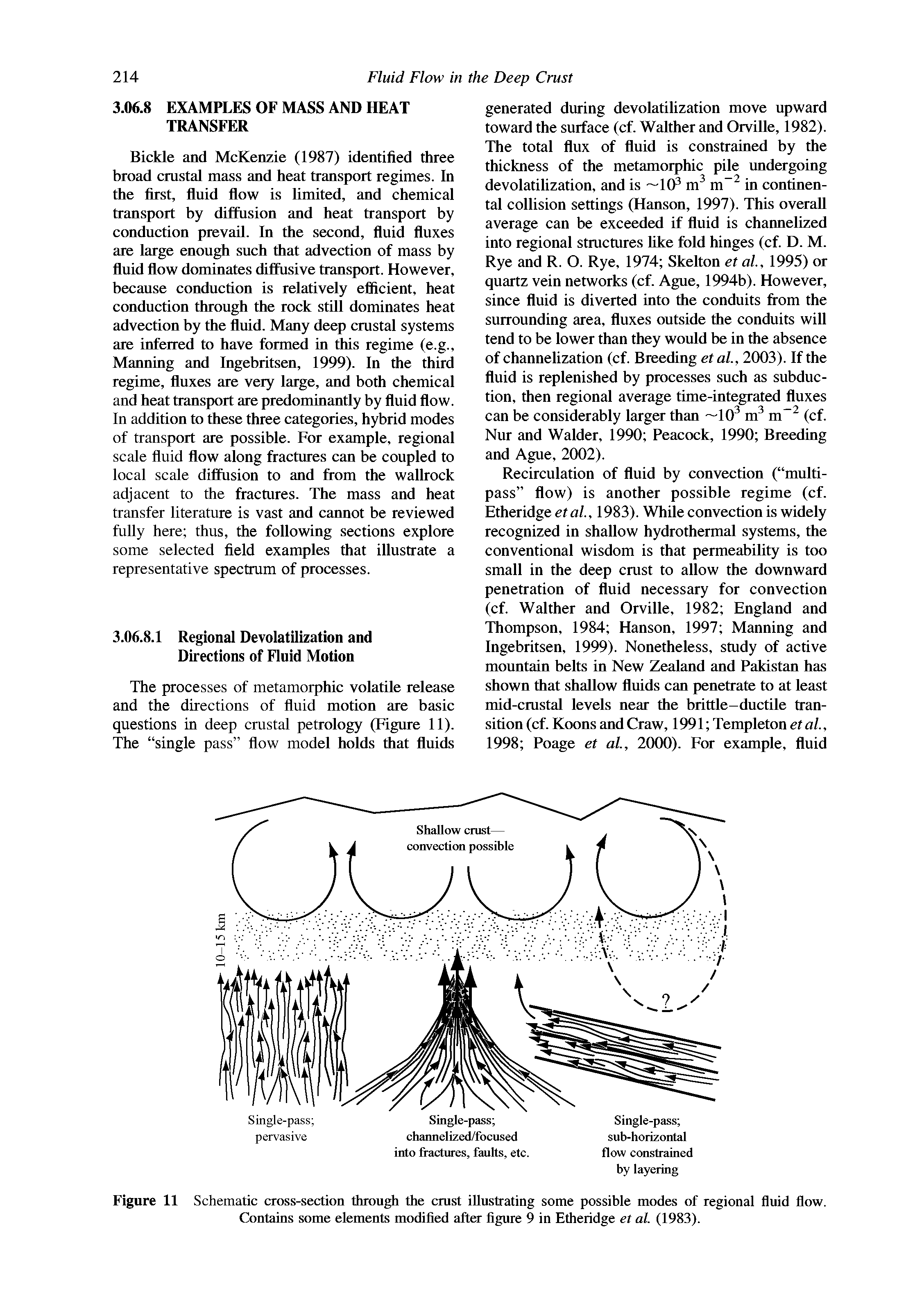 Figure 11 Schematic cross-section through the crust illustrating some possible modes of regional fluid flow. Contains some elements modified after figure 9 in Etheridge et al (1983).