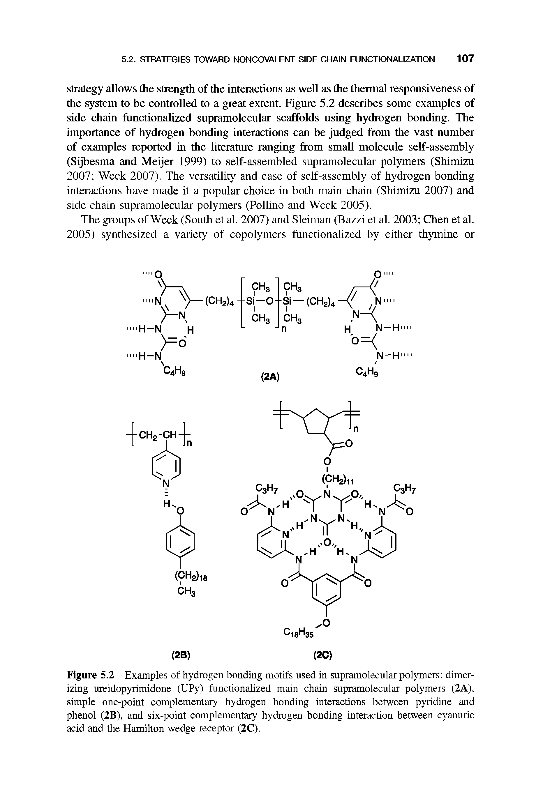 Figure 5.2 Examples of hydrogen bonding motifs used in supramolecular polymers dimerizing uieidopyrimidone (UPy) functionalized main chain supramolecular polymers (2A), simple one-point complementary hydrogen bonding interactions between pyridine and phenol (2B), and six-point complementary hydrogen bonding interaction between cyanuric acid and the Hamilton wedge receptor (2C).