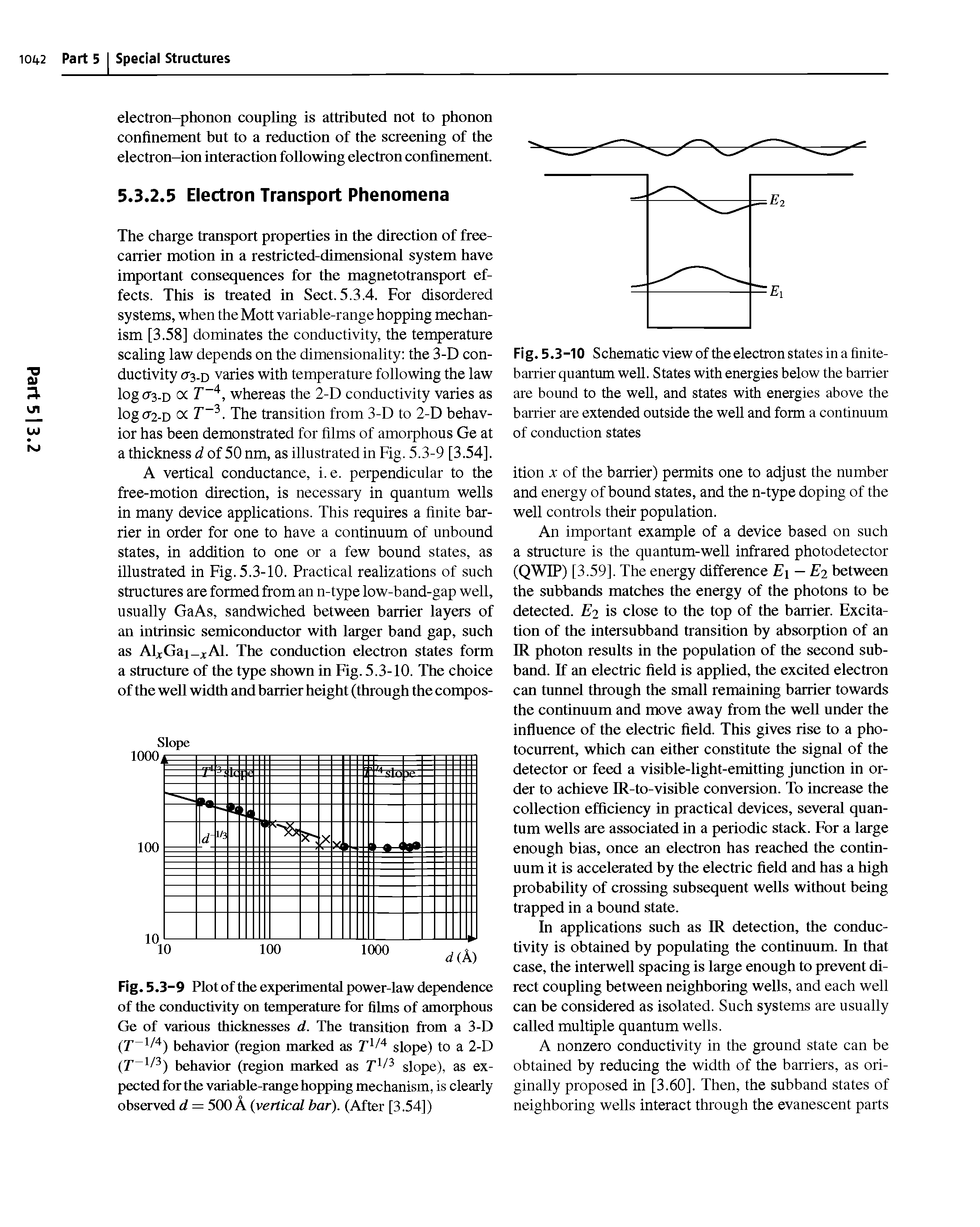 Fig. 5.3-10 Schematic view of the electron states in a finite-barrier quantum well. States with energies below the barrier are bound to the well, and states with energies above the barrier are extended outside the well and form a continuum of conduction states...