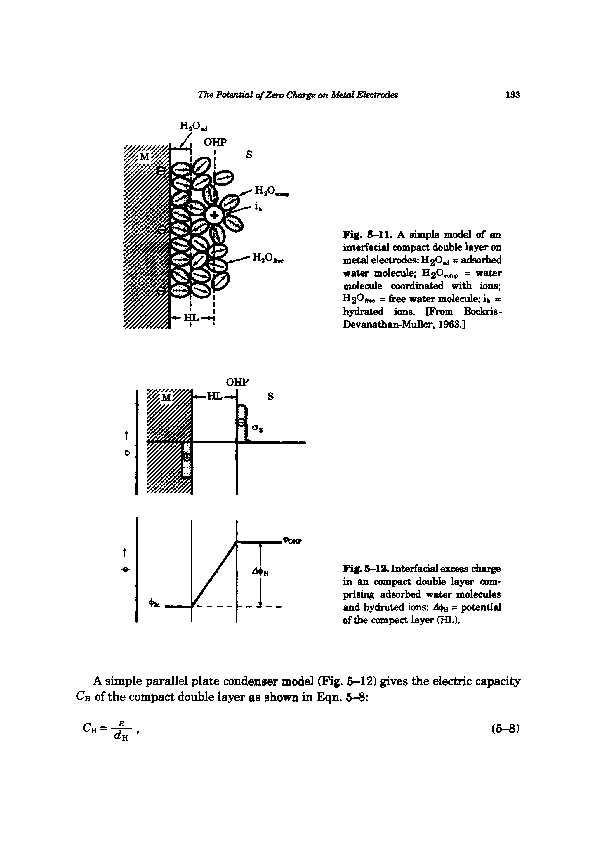 Fig. 5-11. A simple model of an interfacial compact double layer on metal electrodes H20,j = adsorbed water molecule H20. = water molecule coordinated with ions H20 . = free water molecule ih = hydrated ions. [From Bockiis-Devanathan-Muller, 1963.]...