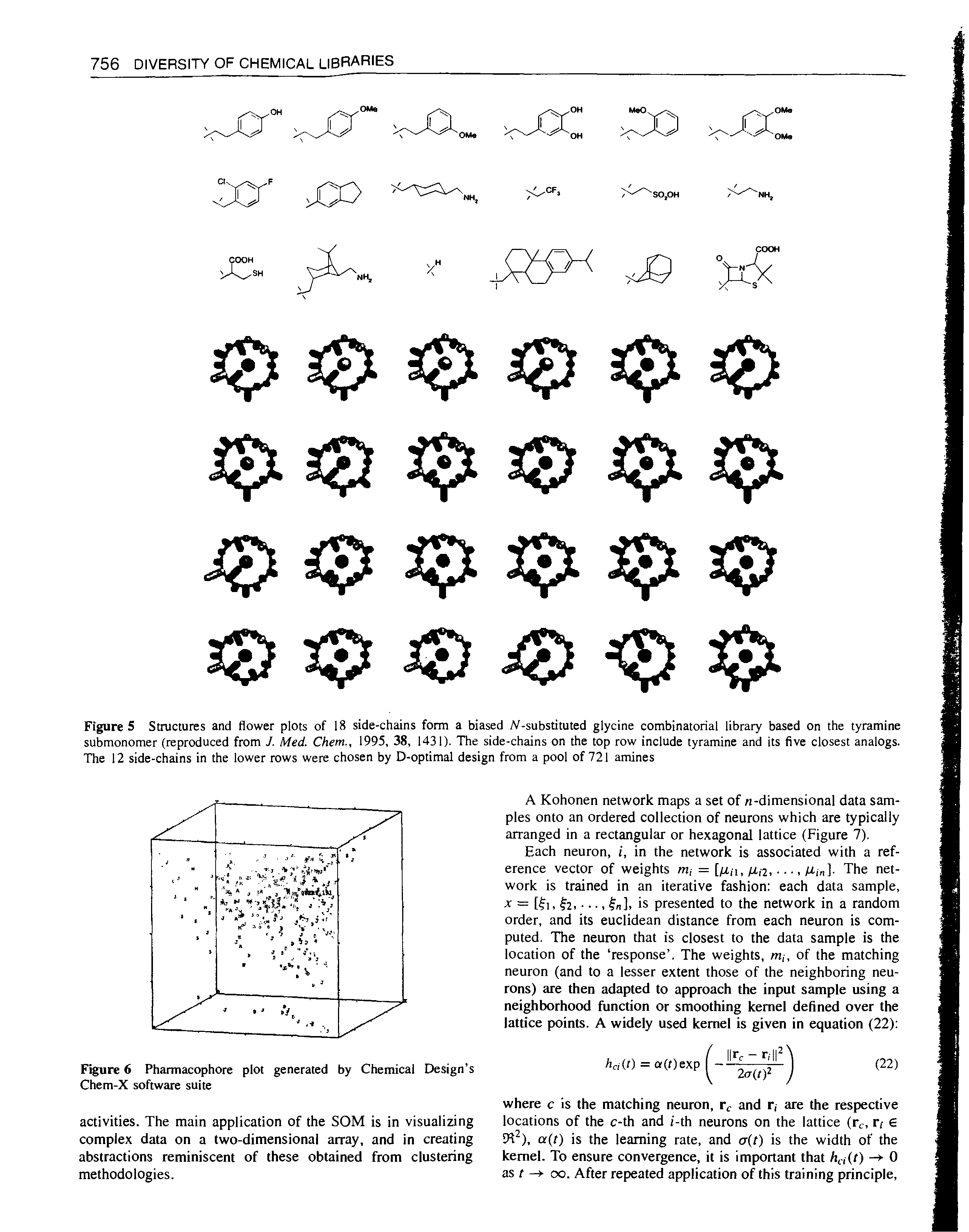 Figures Structures and flower plots of 18 side-chains form a biased -substituted glycine combinatorial library based on the tyramine submonomer (reproduced from J. Med. Chem., 1995, 38, 1431). The side-chains on the top row include tyramine and its five closest analogs. The 12 side-chains in the lower rows were chosen by D-optimal design from a pool of 721 amines...