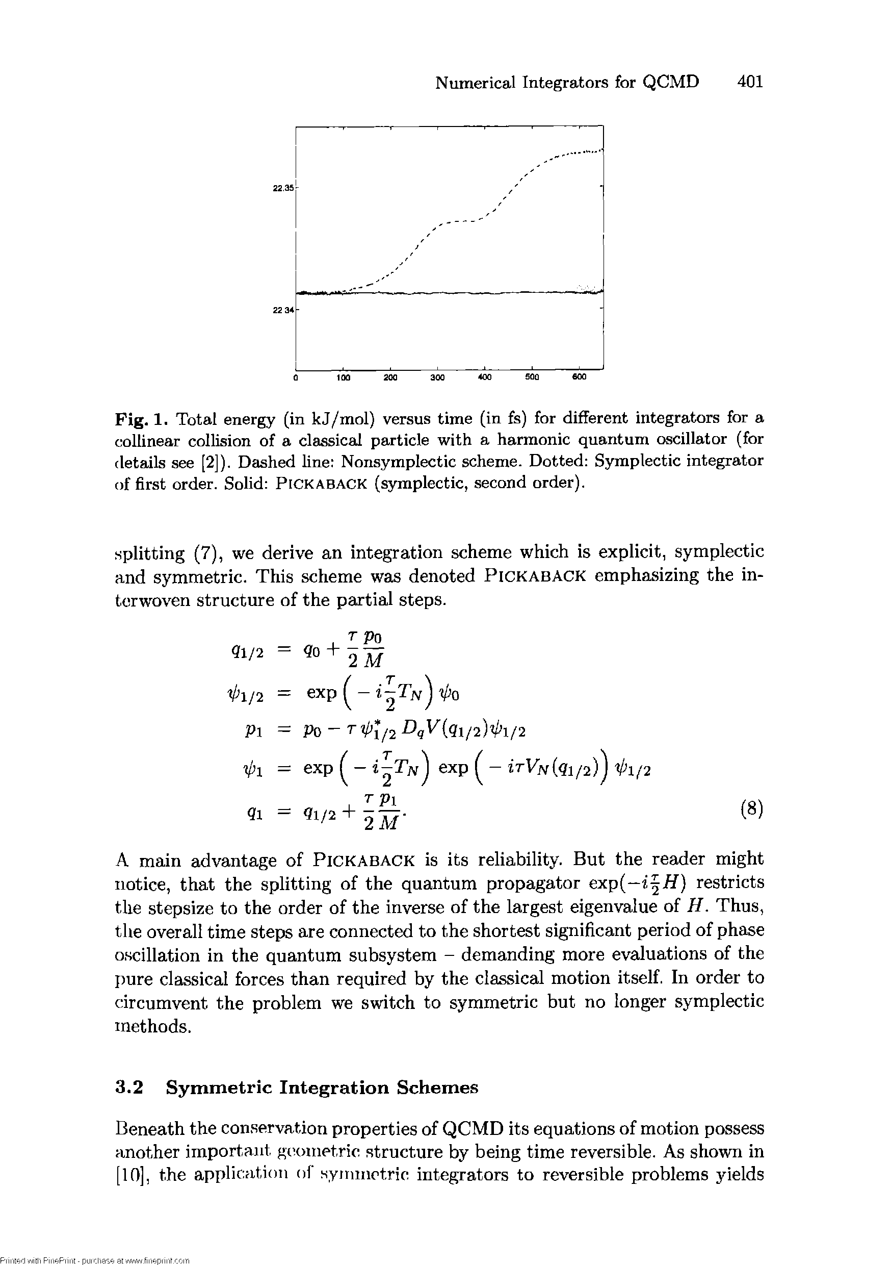 Fig. 1. Total energy (in kj/mol) versus time (in fs) for different integrators for a collinear collision of a classical particle with a harmonic quantum oscillator (for details see [2]). Dashed line Nonsymplectic scheme. Dotted Symplectic integrator of first order. Solid PICKABACK (symplectic, second order).