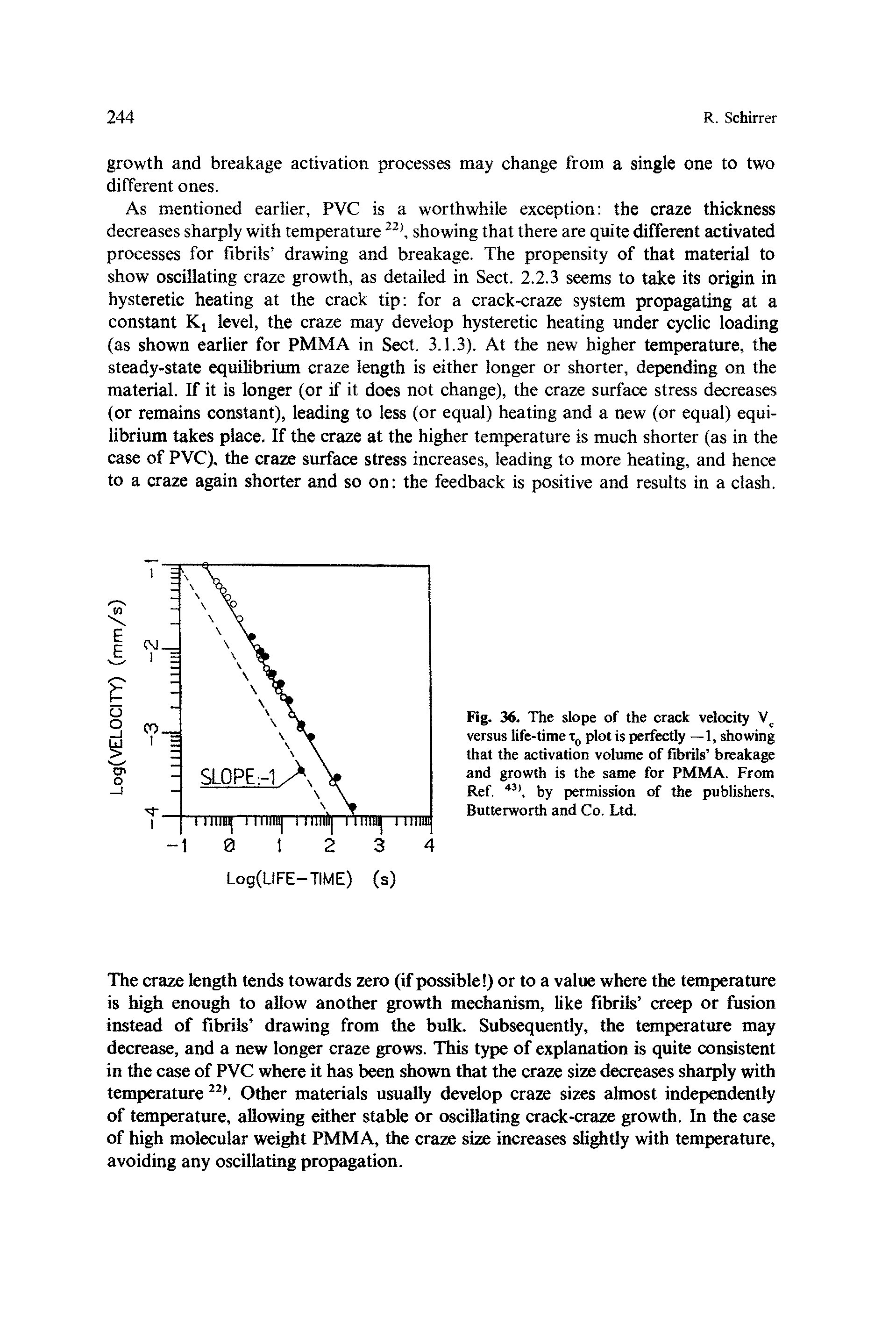 Fig. 36. The slope of the crack velocity versus life-time plot is perfectly — 1, showing that the activation volume of fibrils breakage and growth is the same for PMMA. From Ref. by permission of the publishers. Butterworth and Co. Ltd.