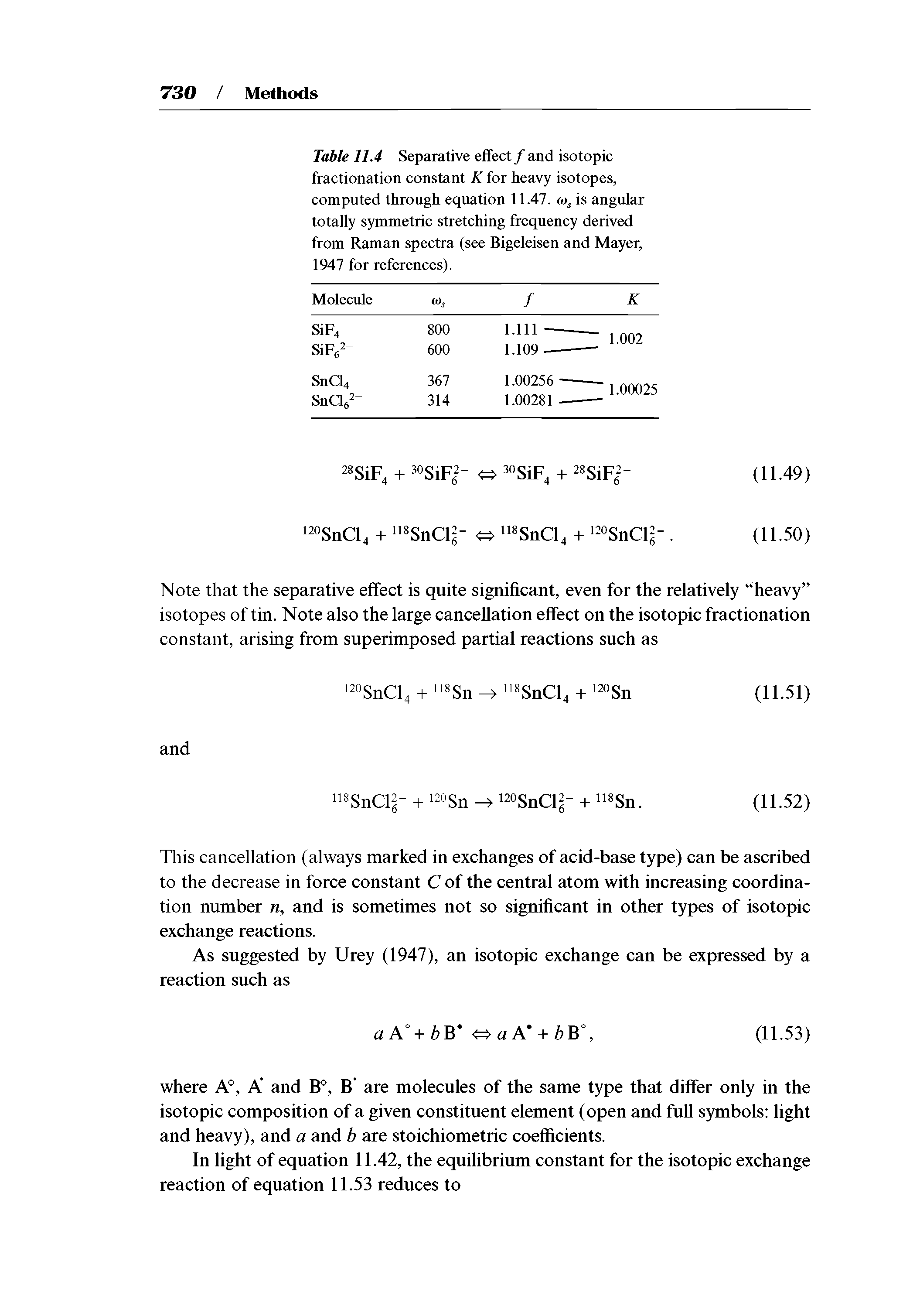 Table 11.4 Separative effect / and isotopic fractionation constant K for heavy isotopes, computed through equation 11.47. is angular totally symmetric stretching frequency derived from Raman spectra (see Bigeleisen and Mayer, 1947 for references).