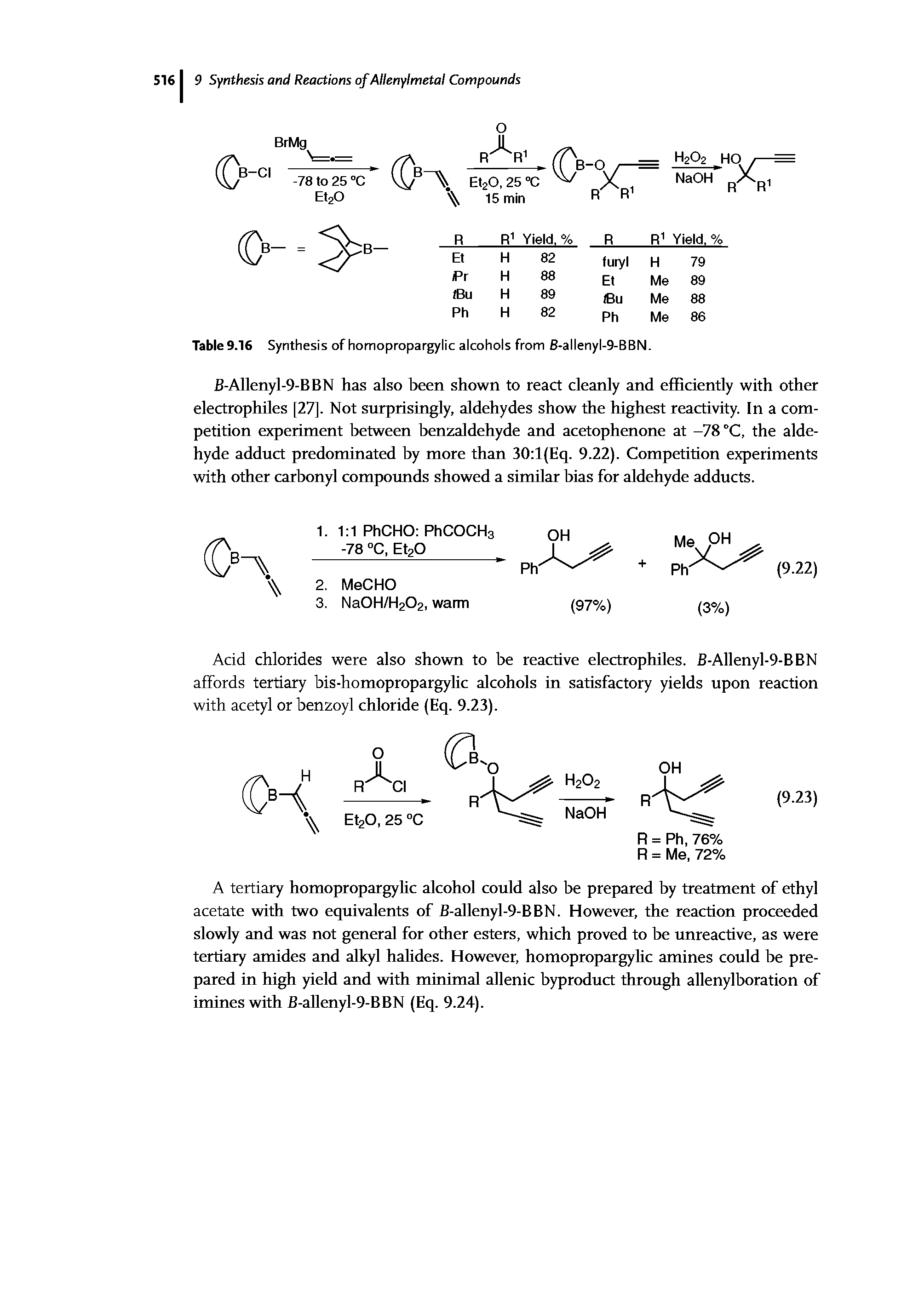 Table 9.16 Synthesis of homopropargylic alcohols from B-allenyl-9-BBN.