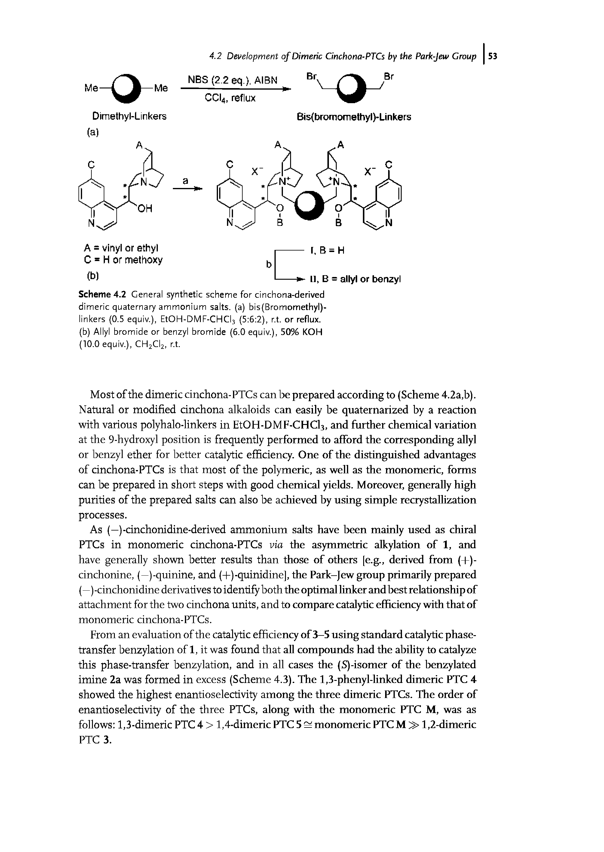 Scheme 4.2 General synthetic scheme for cinchona-derived dimeric quaternary ammonium salts, (a) bis(Bromomethyl)-linkers (0.5 equiv.), EtOH-DMF-CHCI3 (5 6 2), r.t. or reflux, (b) Allyl bromide or benzyl bromide (6.0 equiv.), 50% KOH (10.0 equiv.), CH2CI2, r.t.