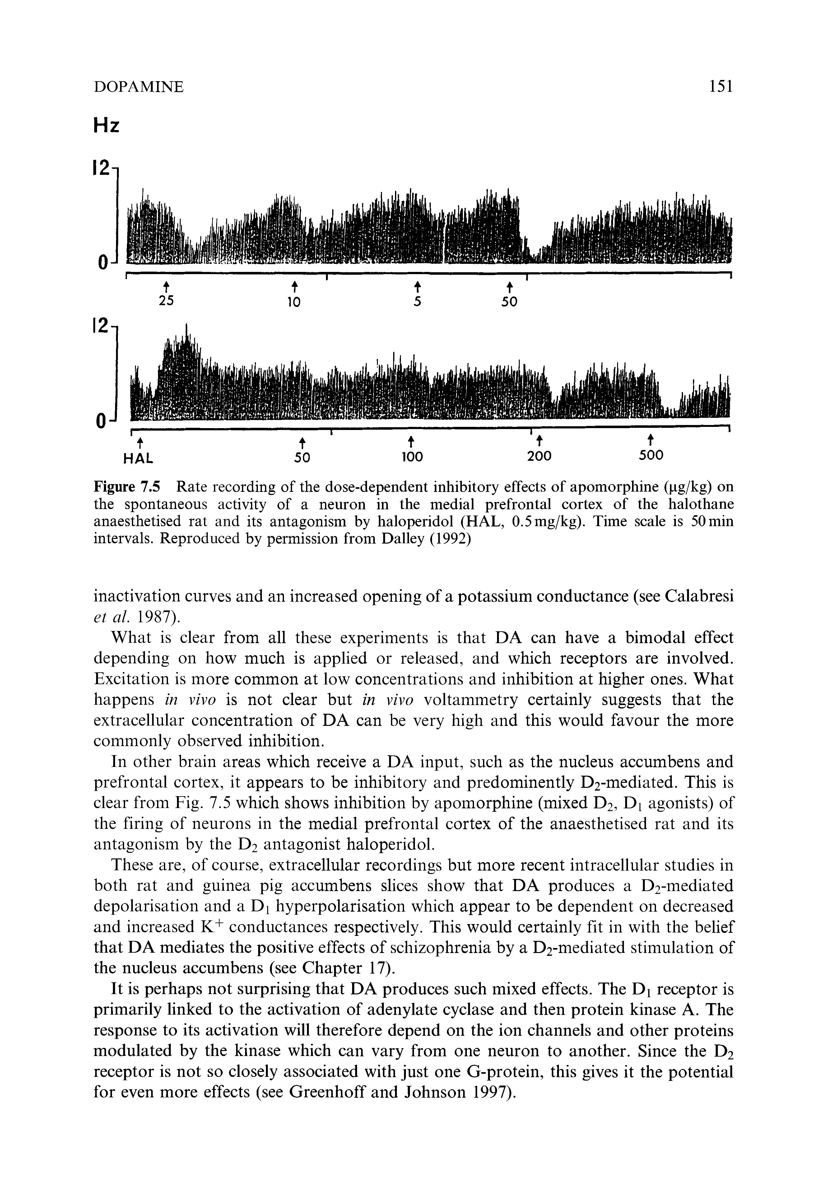 Figure 7.5 Rate recording of the dose-dependent inhibitory effects of apomorphine (pg/kg) on the spontaneous activity of a neuron in the medial prefrontal cortex of the halothane anaesthetised rat and its antagonism by haloperidol (HAL, 0.5mg/kg). Time scale is 50 min intervals. Reproduced by permission from Dailey (1992)...